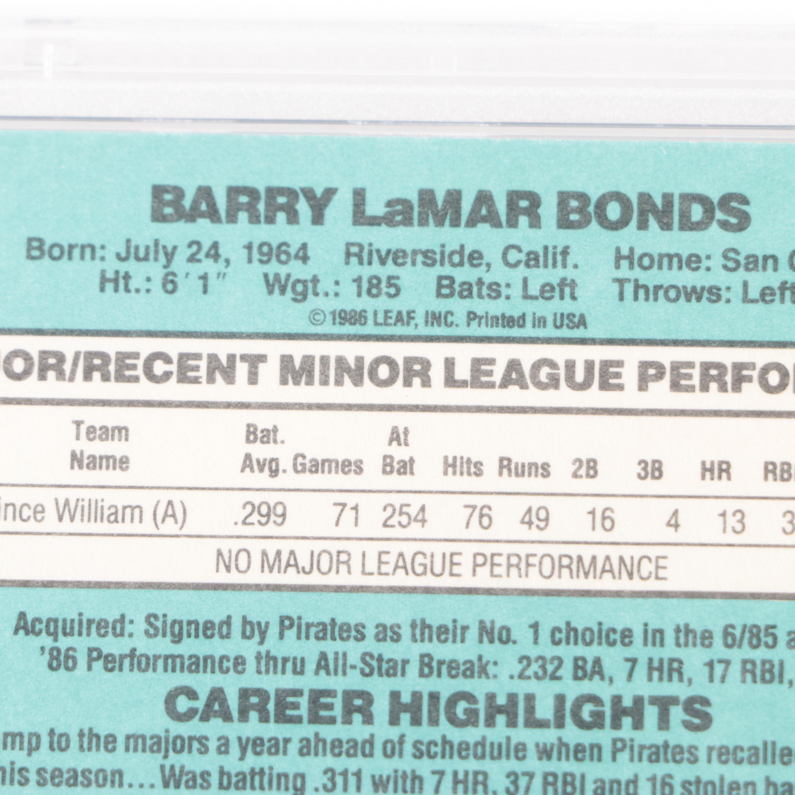 1986 Donruss Rookies Barry Bonds #11 Rookie Graded PSA 9 Mint Baseball Card