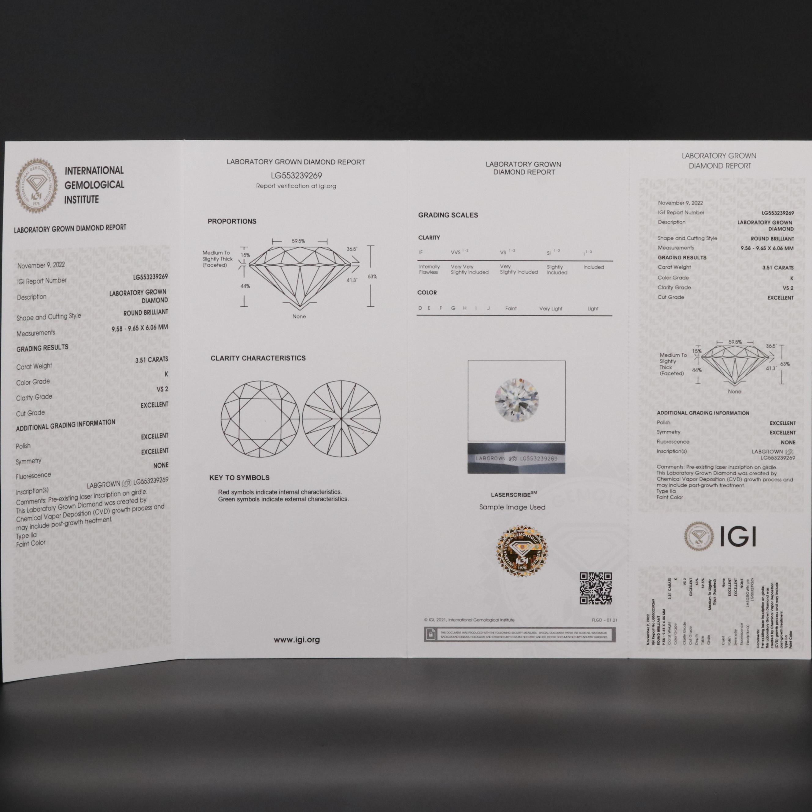 Loose 3.51 CT Lab Grown Diamond with IGI Report