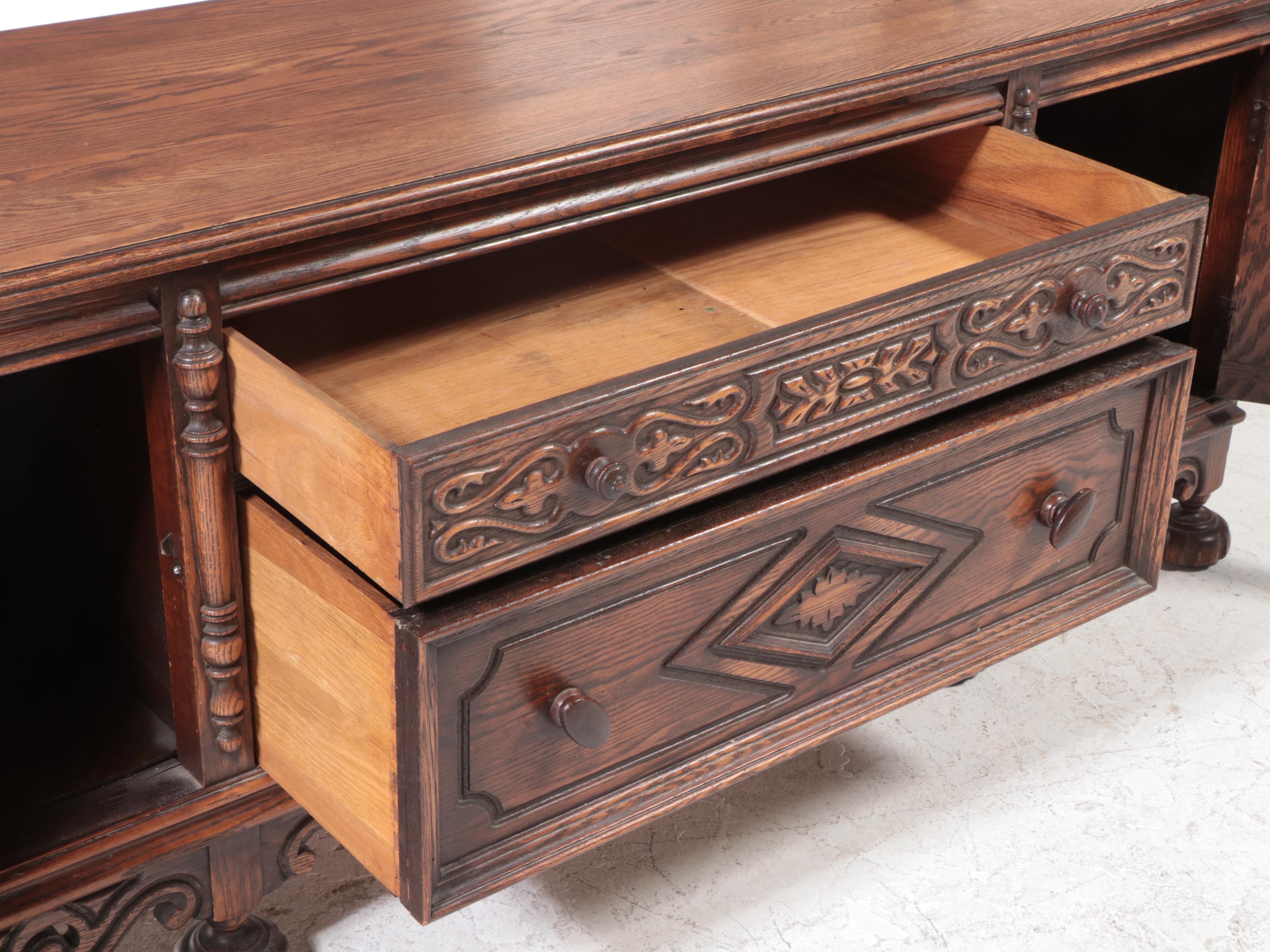 Jake Tennenbaum Co. Jacobean Revival Carved Oak Low Chest, Early 20th Century