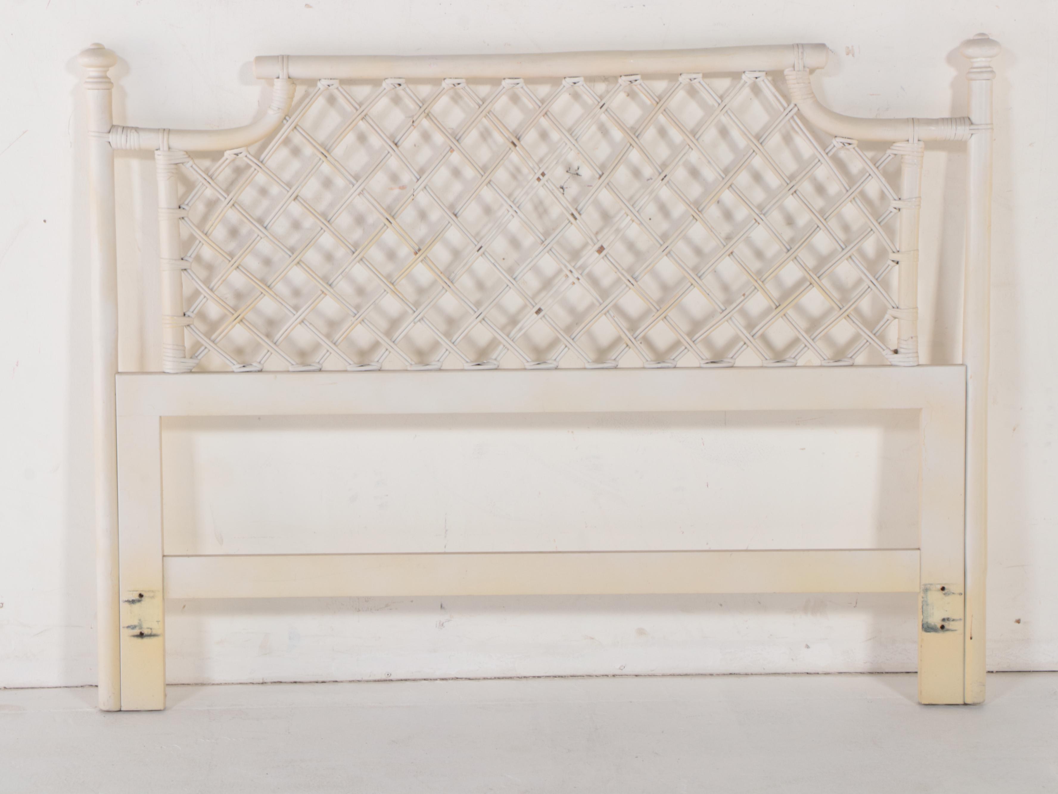 White-Painted Rattan and Wood Full Size Headboard, Possibly Ficks Reed