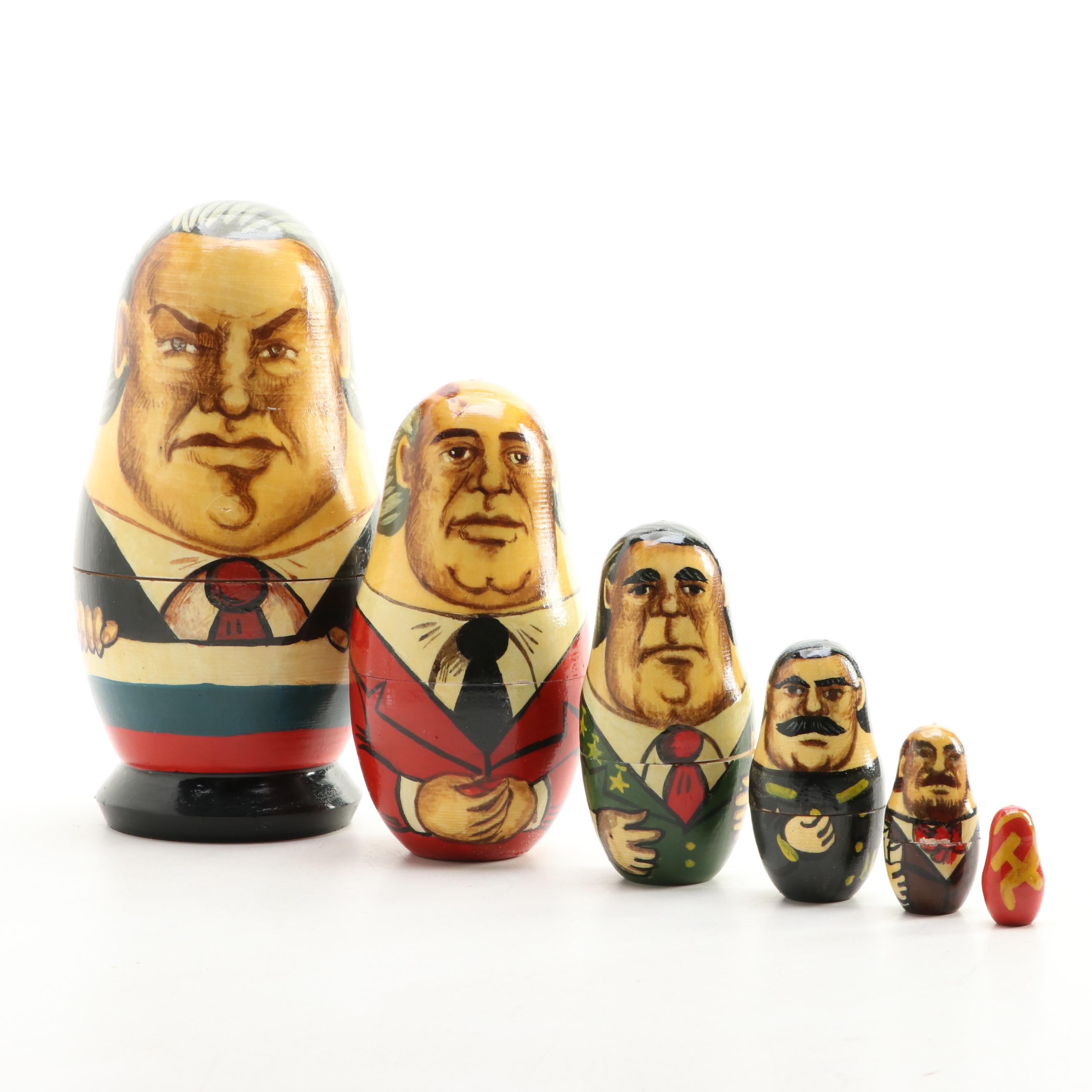 Hand-Painted Russian Political Leaders Nesting Dolls, Late 20th Century