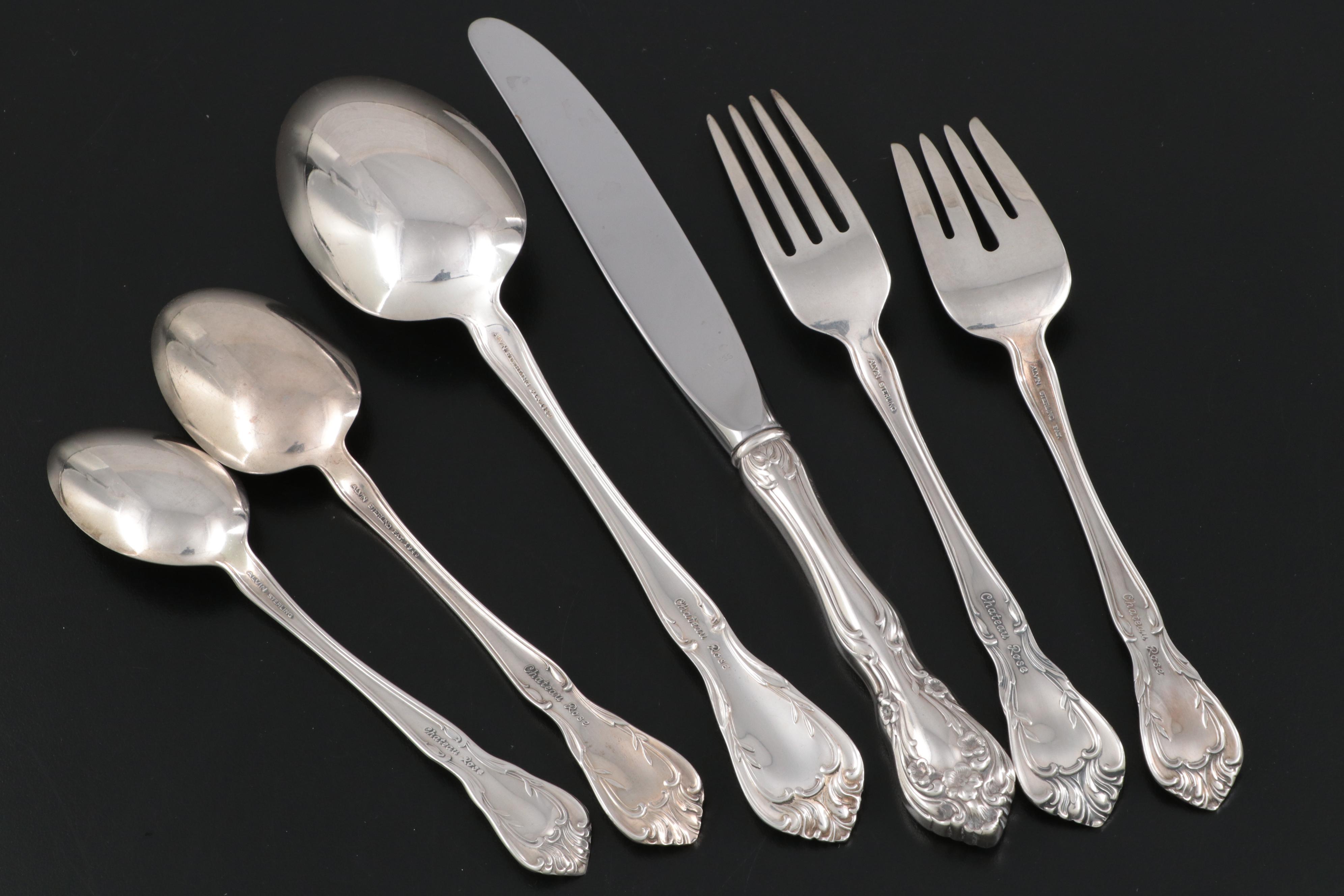 Alvin "Chateau Rose" Sterling Silver Flatware with Other Silver Utensils