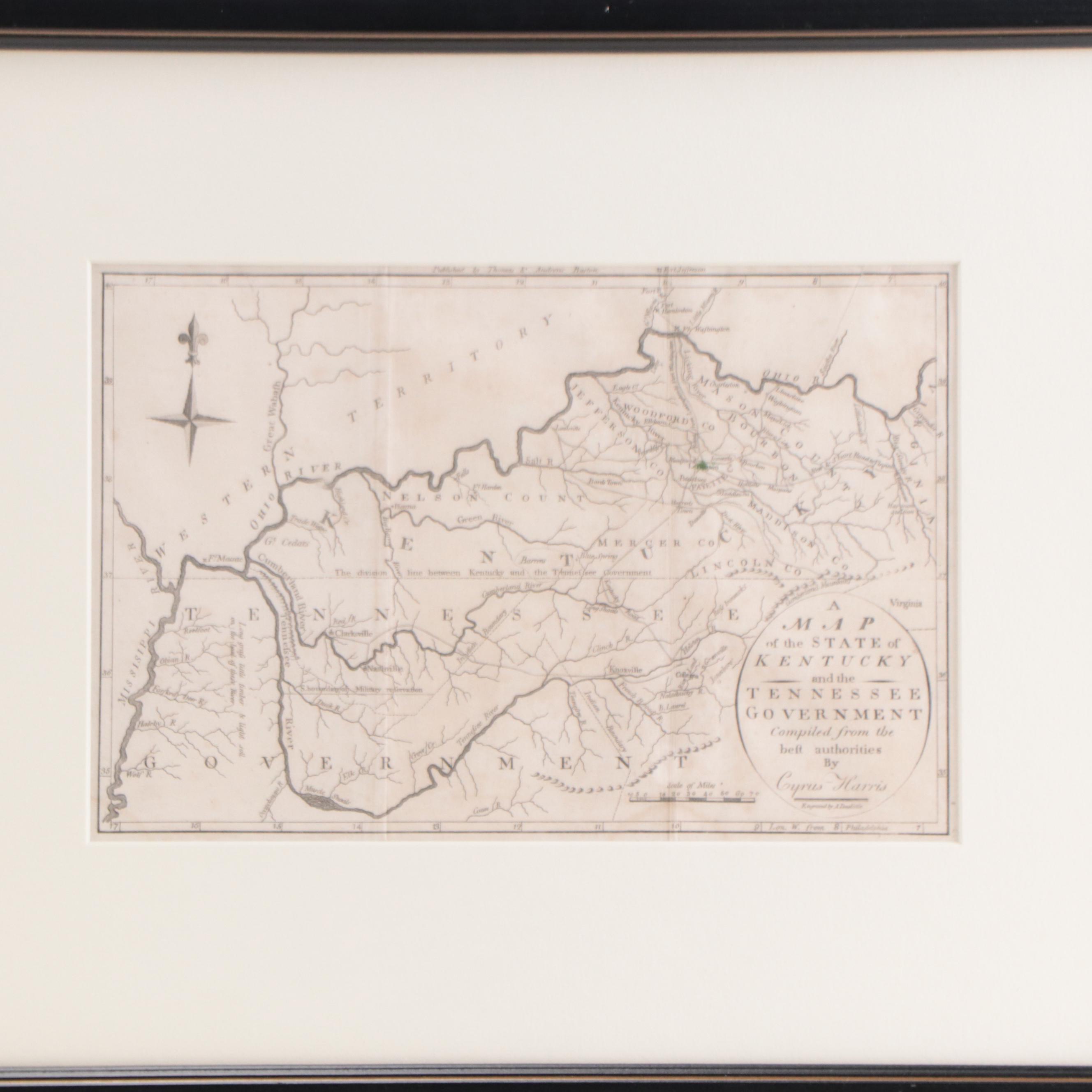 Jedidiah Morse Engraving Map of Kentucky and Tennessee, 1796