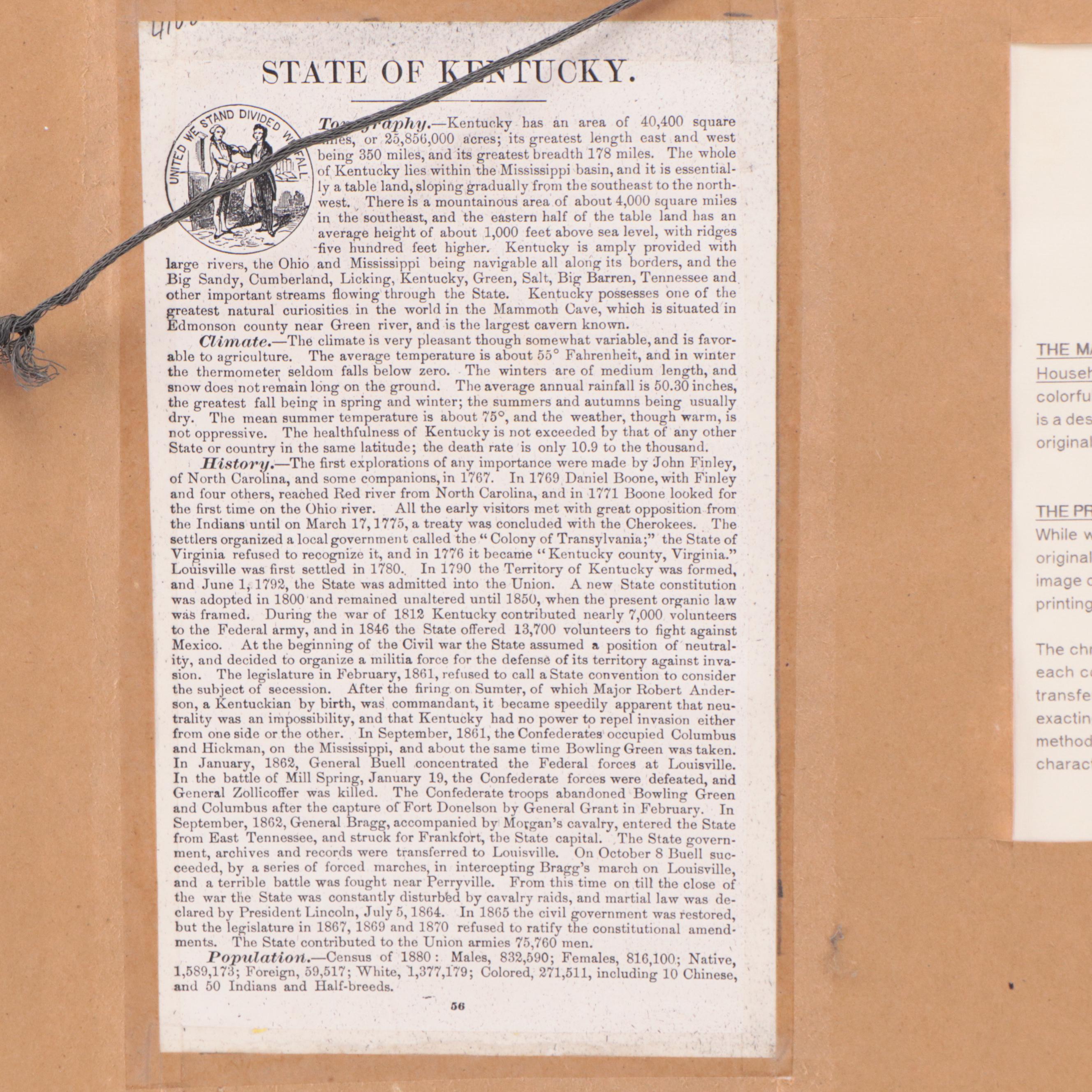 Rand, McNally & Company Wax Engraving Map of Kentucky, 1885