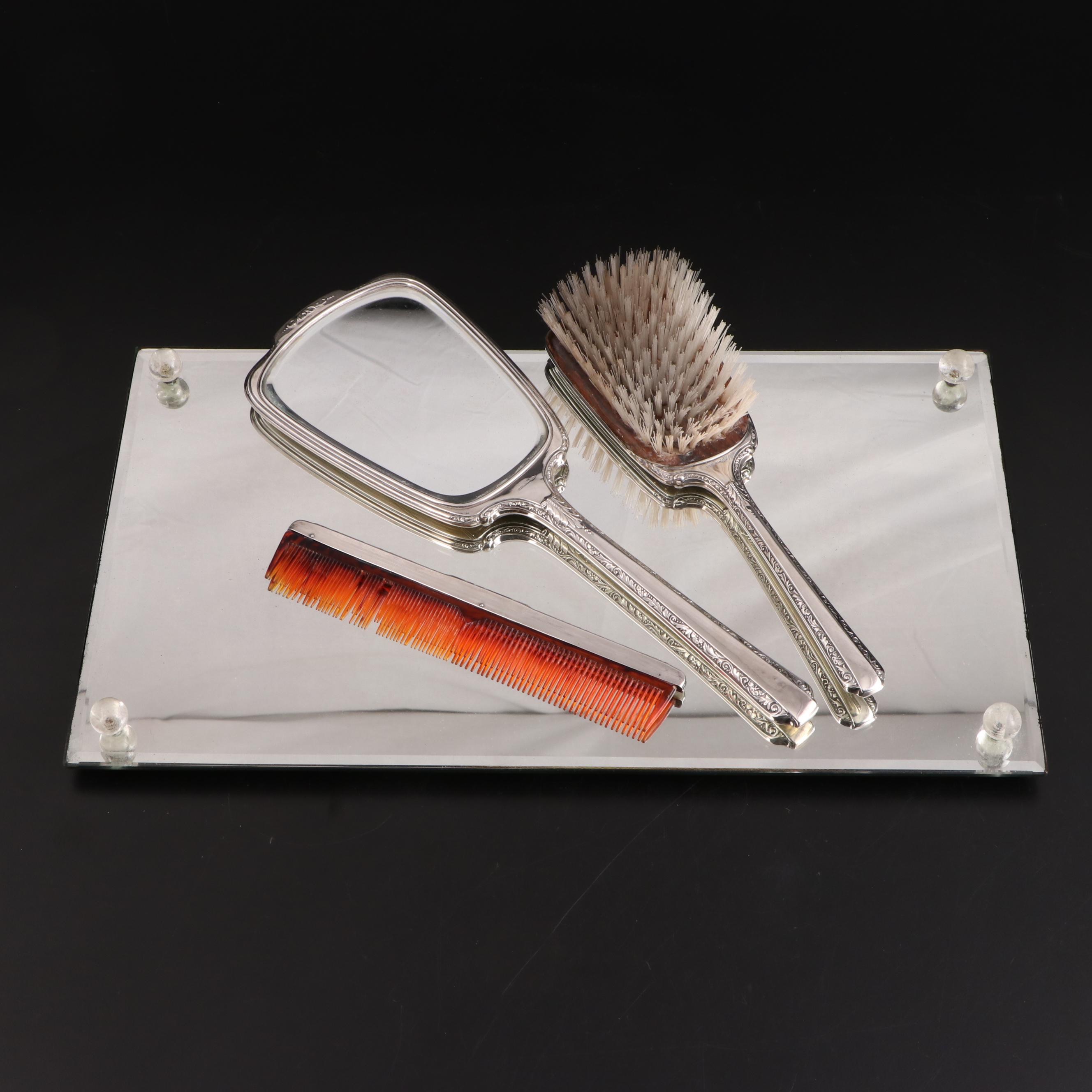 Webster Co. Sterling Silver Handled Vanity Set with Mirrored Vanity Tray