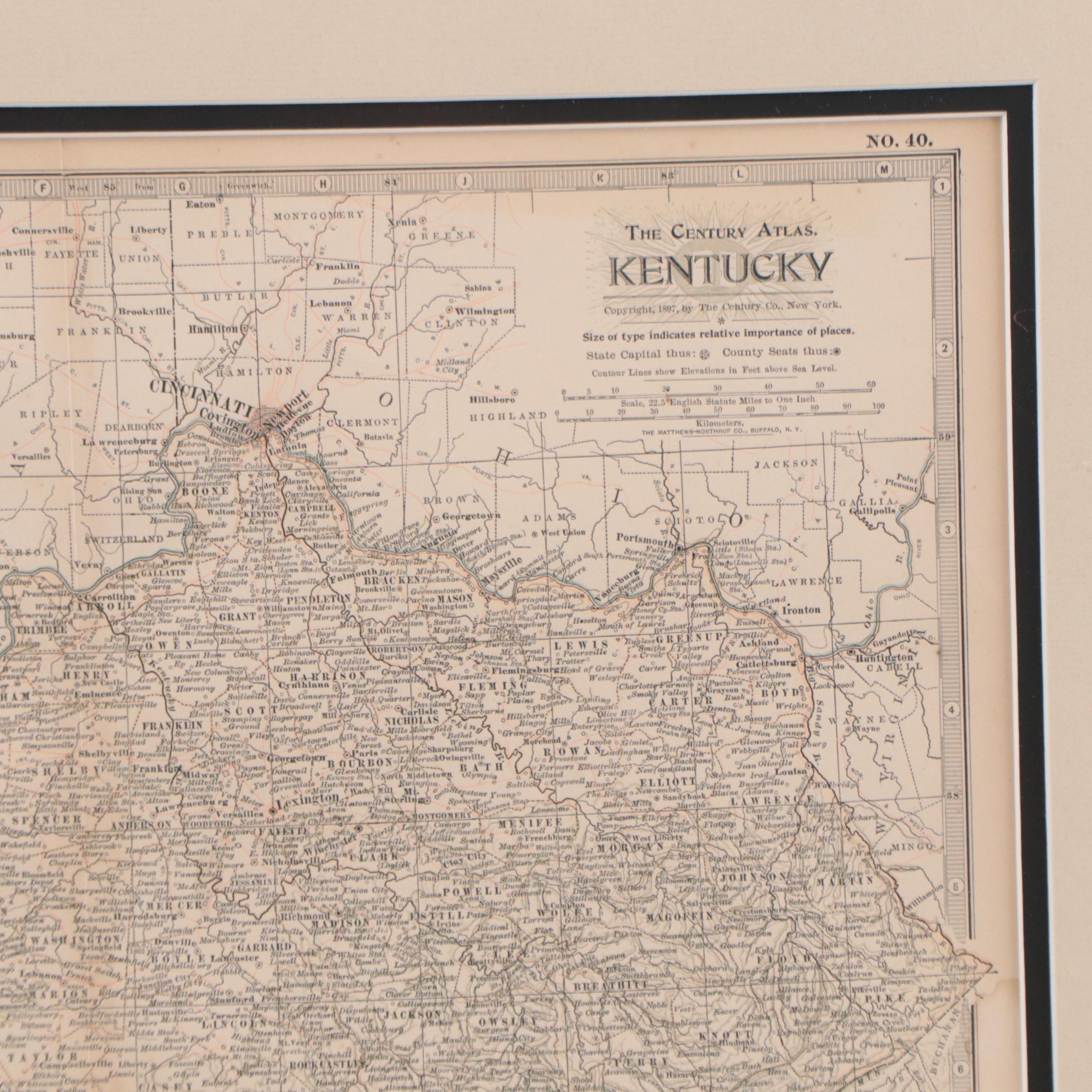 The Century Co. Wax Engraving Map of Kentucky, Circa 1897