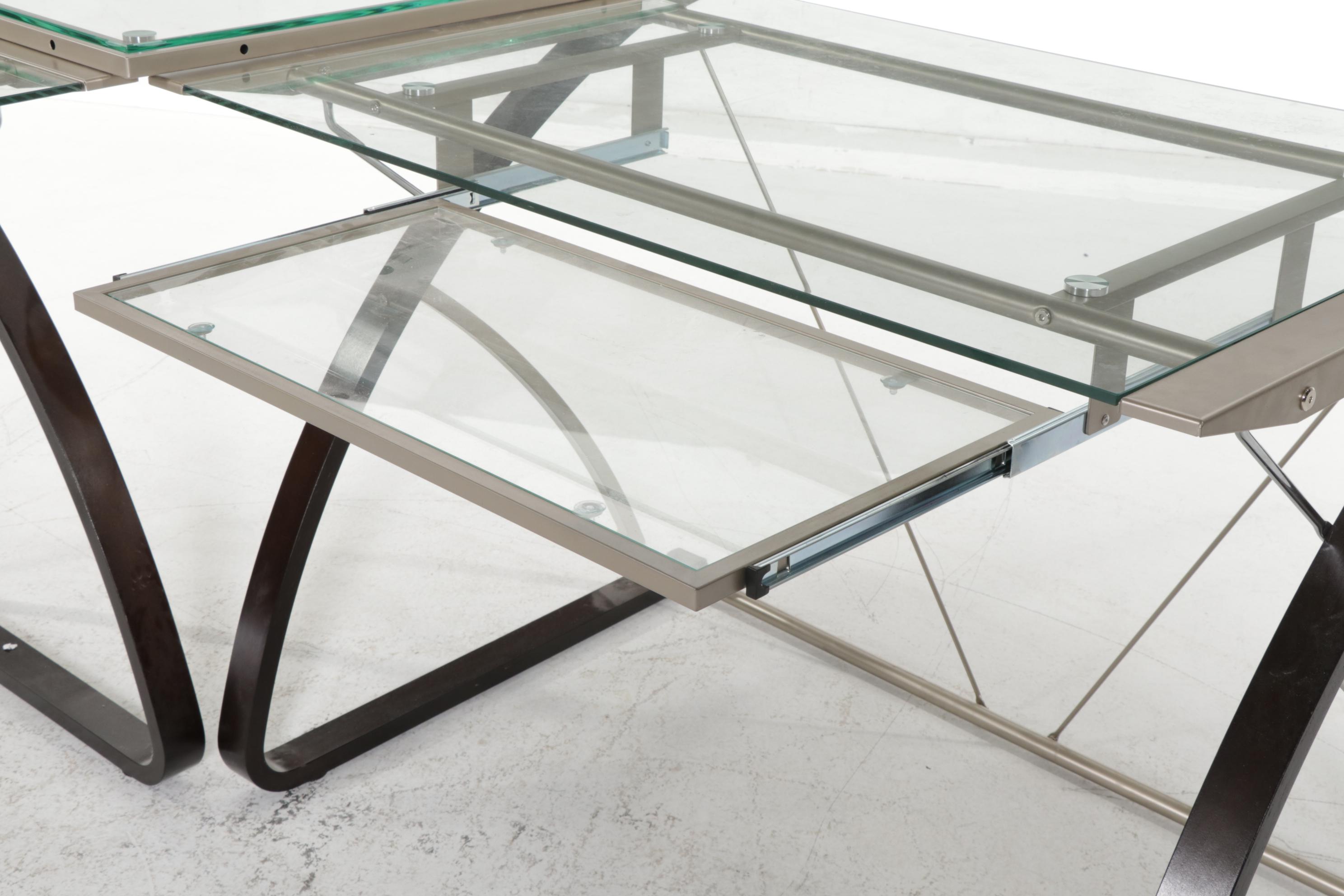 Modernist Style Three-Piece L-Shaped Glass and Metal Office Desk