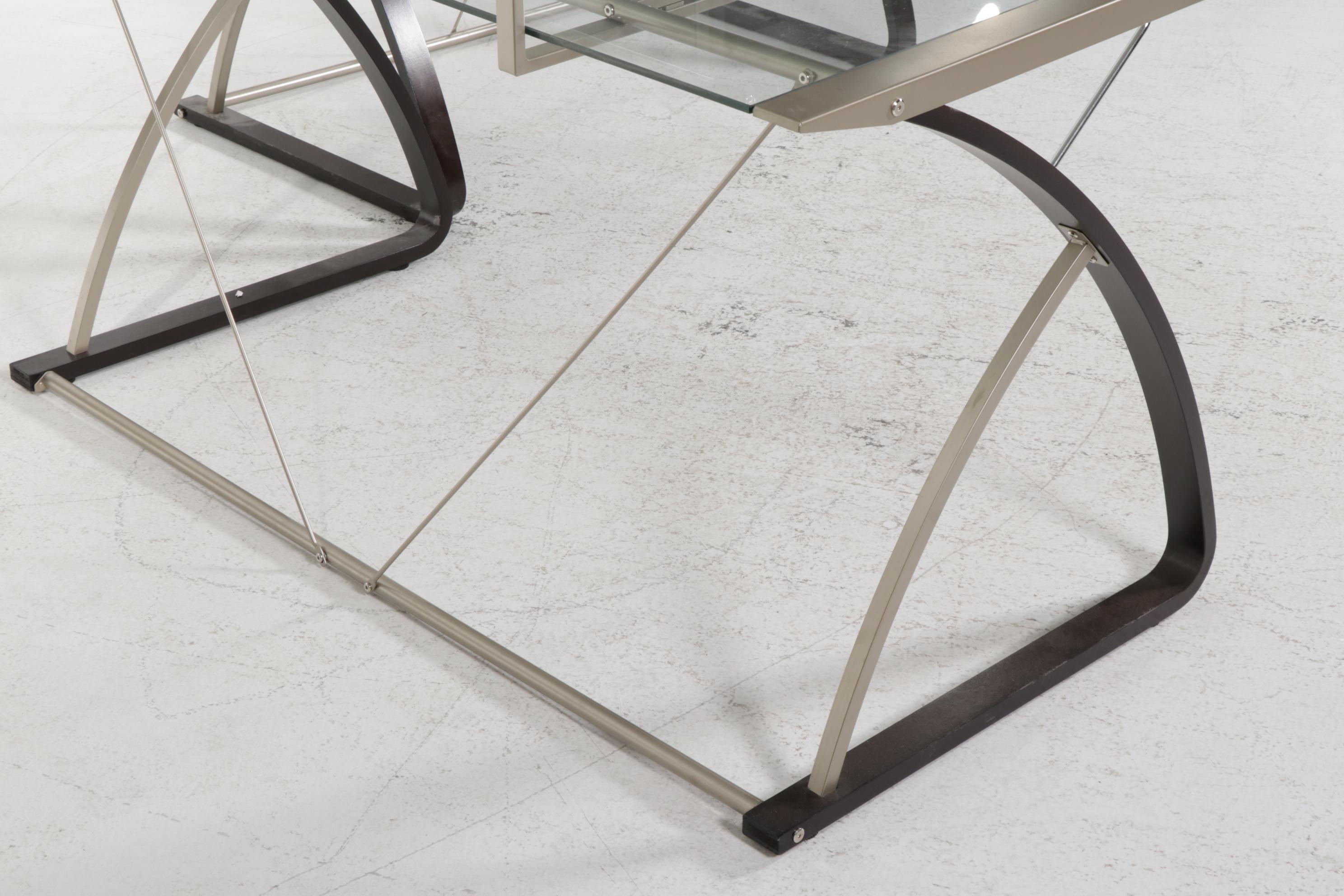 Modernist Style Three-Piece L-Shaped Glass and Metal Office Desk