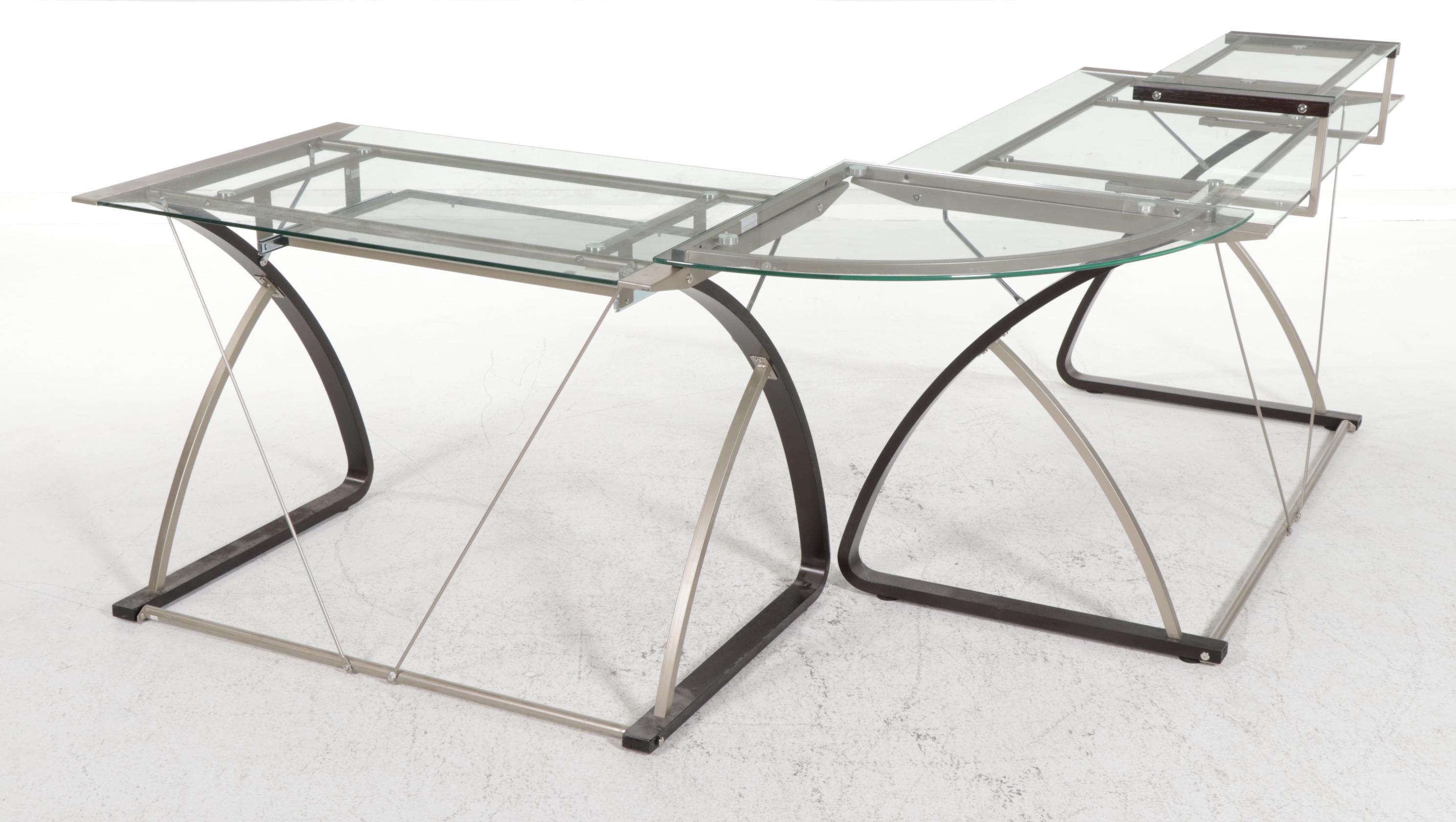 Modernist Style Three-Piece L-Shaped Glass and Metal Office Desk
