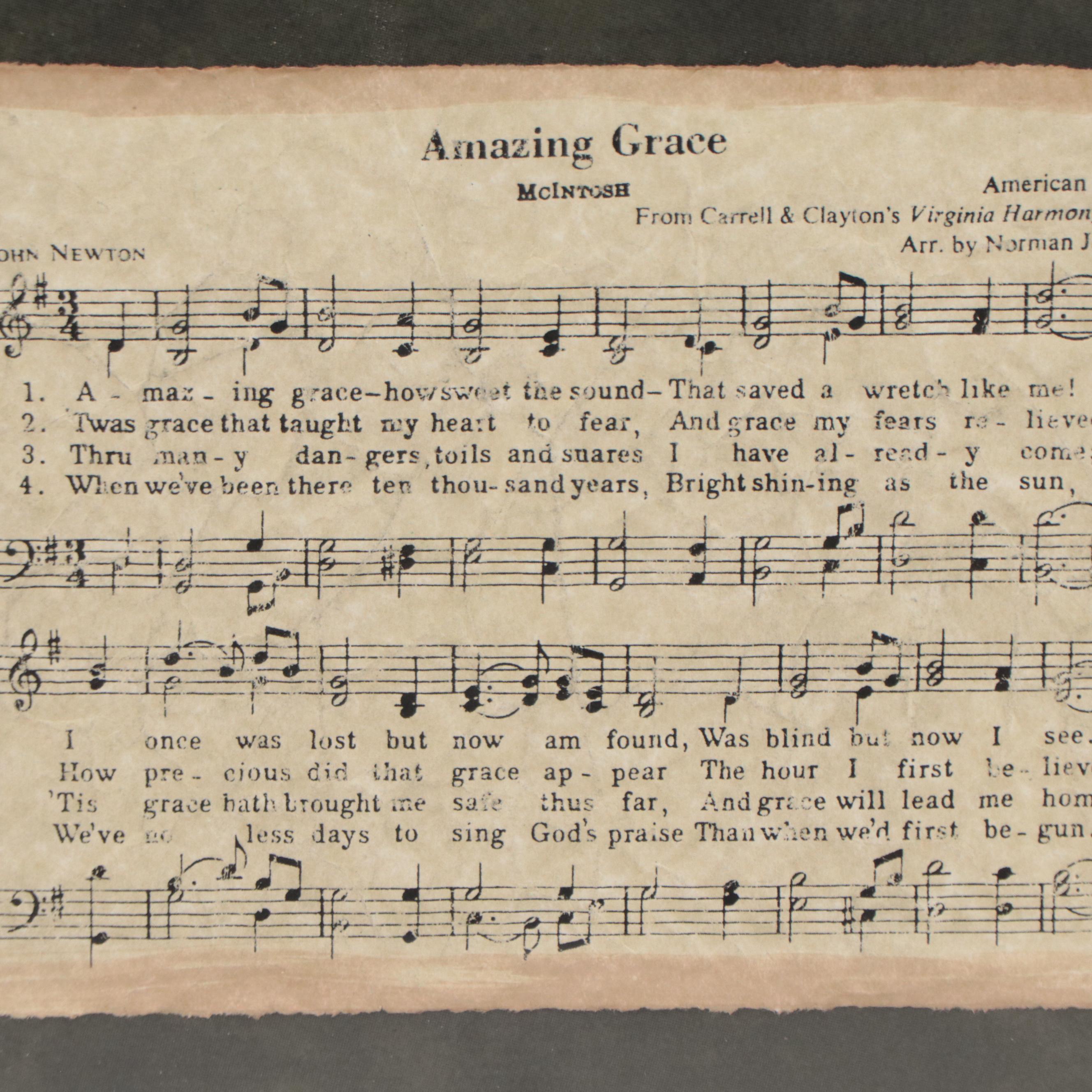 Norman Johnson Piano Sheet Music for "Amazing Grace" in Frame