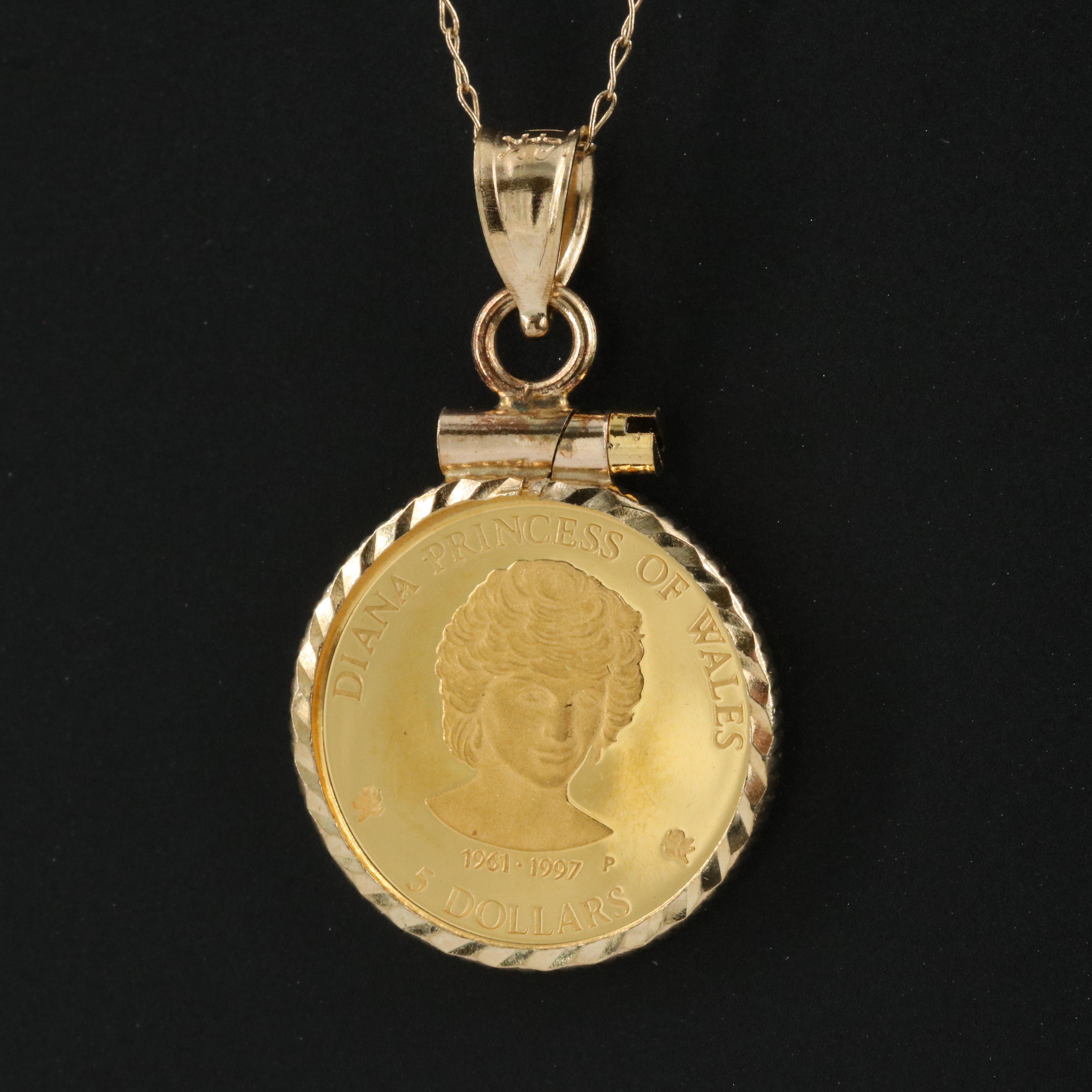 14K Pendant Necklace with 1997 Cook Islands $5 Princess Diana Gold Coin