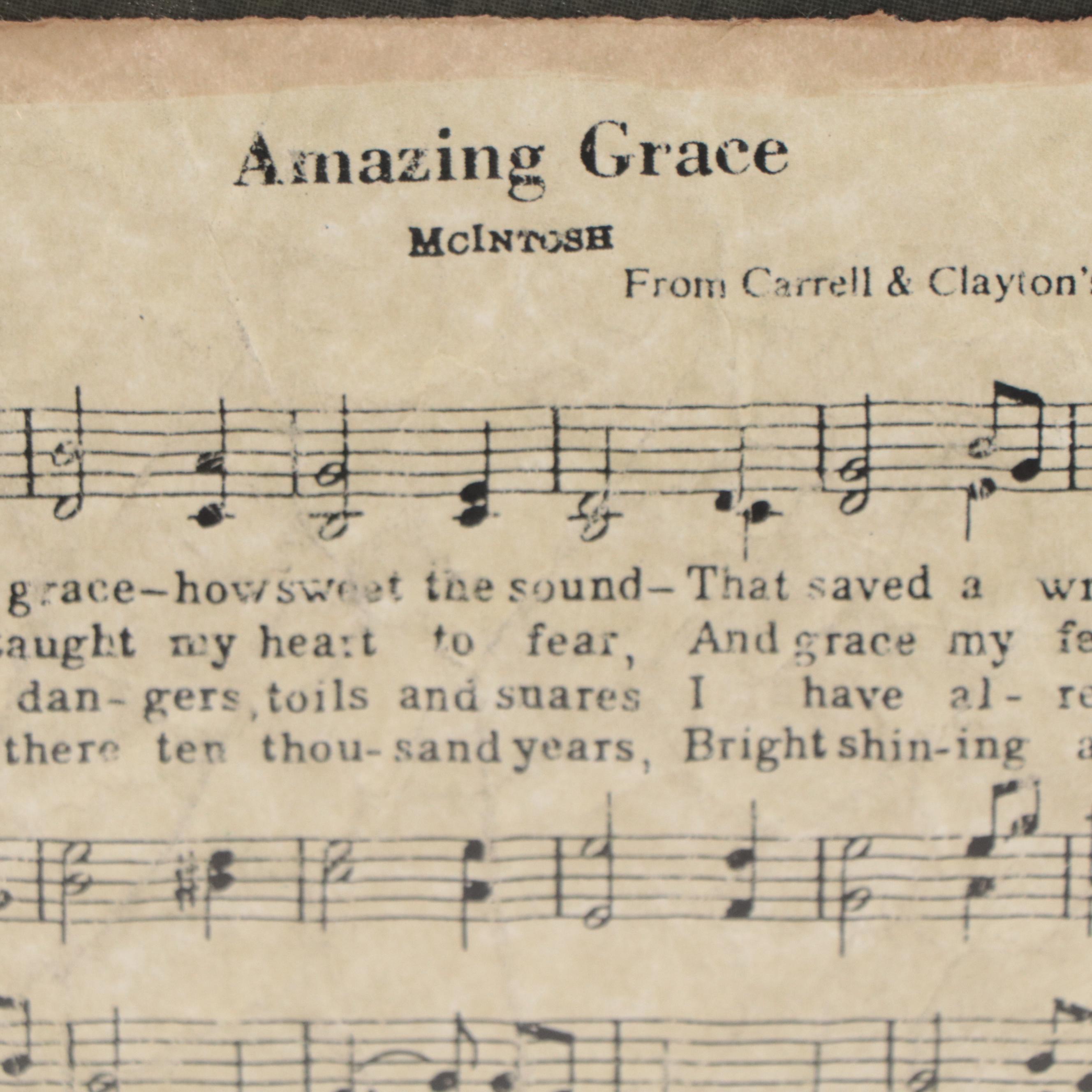 Norman Johnson Piano Sheet Music for "Amazing Grace" in Frame