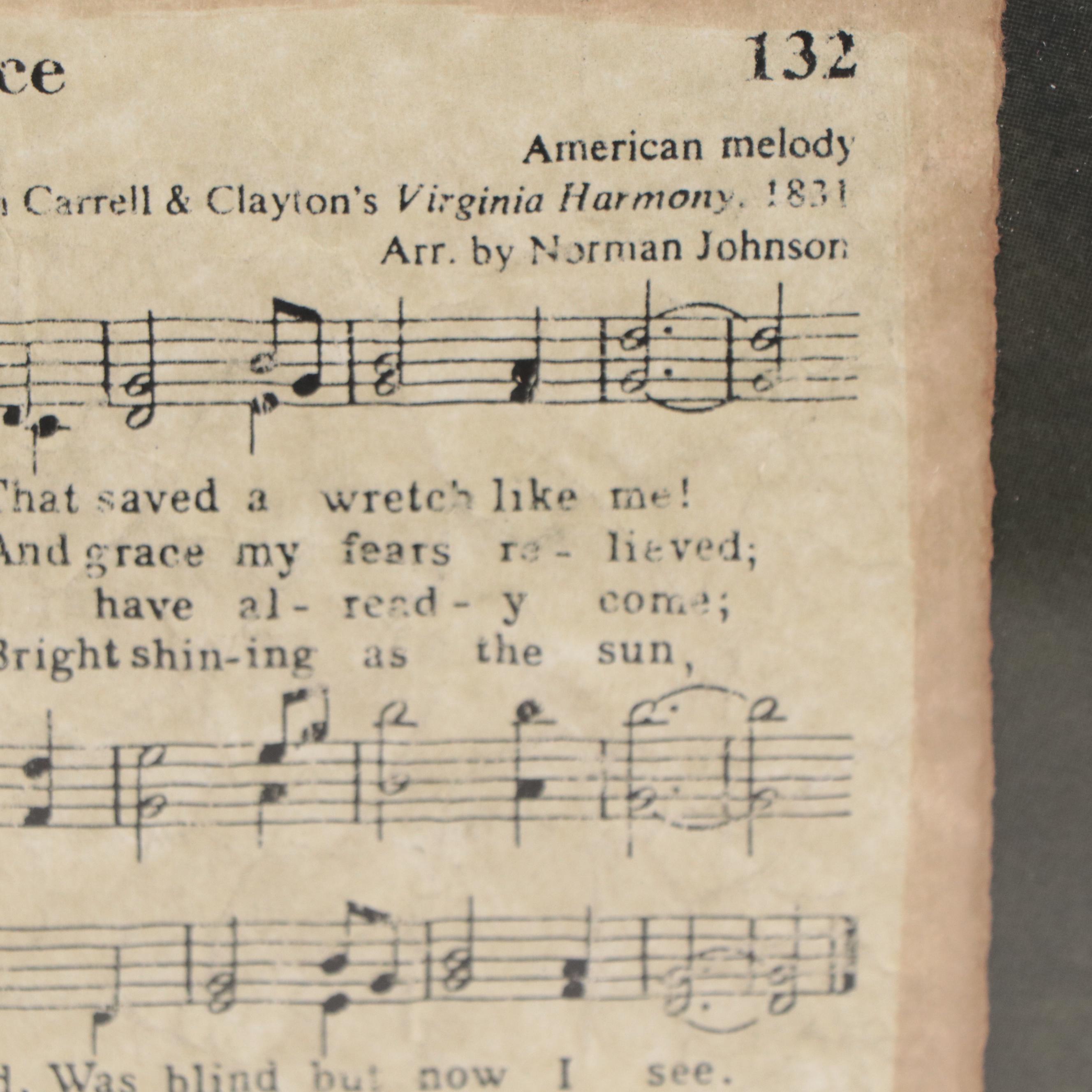 Norman Johnson Piano Sheet Music for "Amazing Grace" in Frame