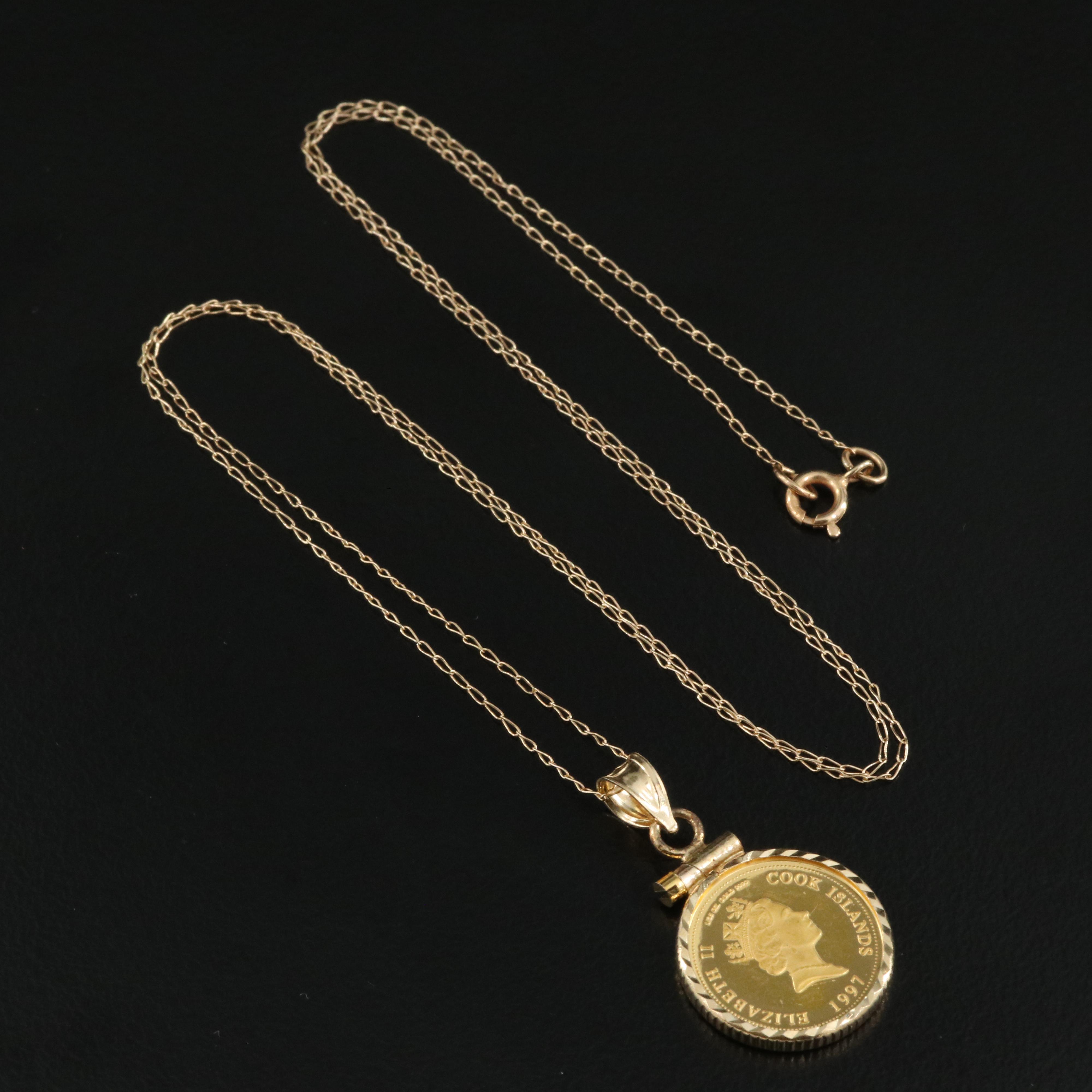 14K Pendant Necklace with 1997 Cook Islands $5 Princess Diana Gold Coin