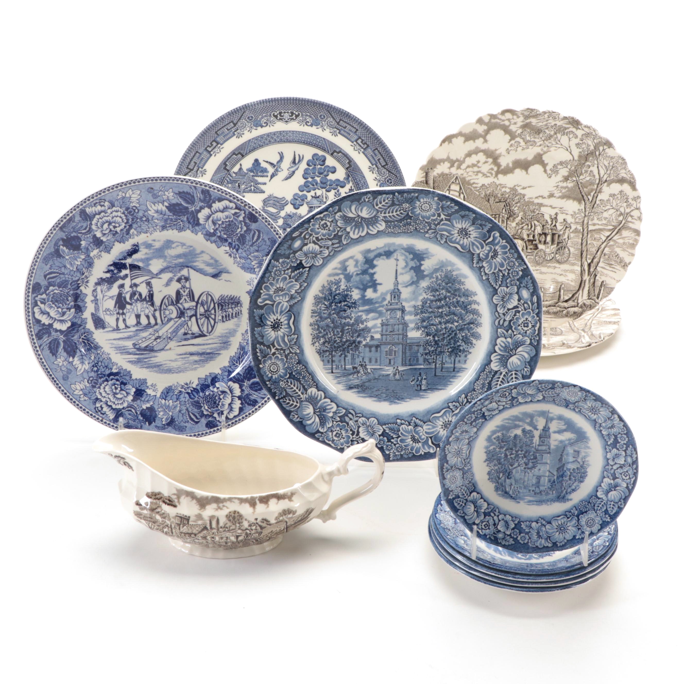 Myott "Royal Mail" Plates and Gravy Boat with Other English Transferware