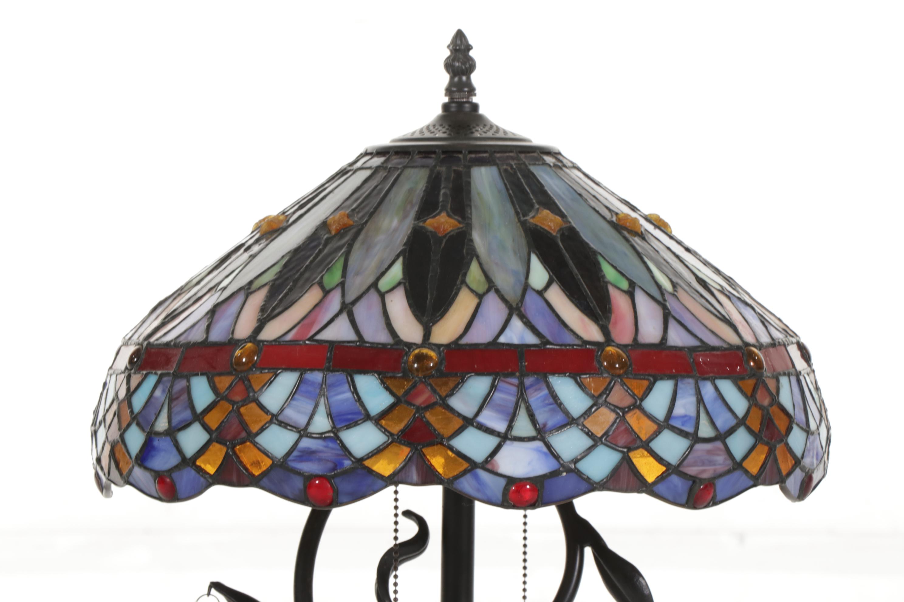 Art Nouveau Style Slag Glass, Acrylic Drops and Metal  Table Lamp, Contemporary