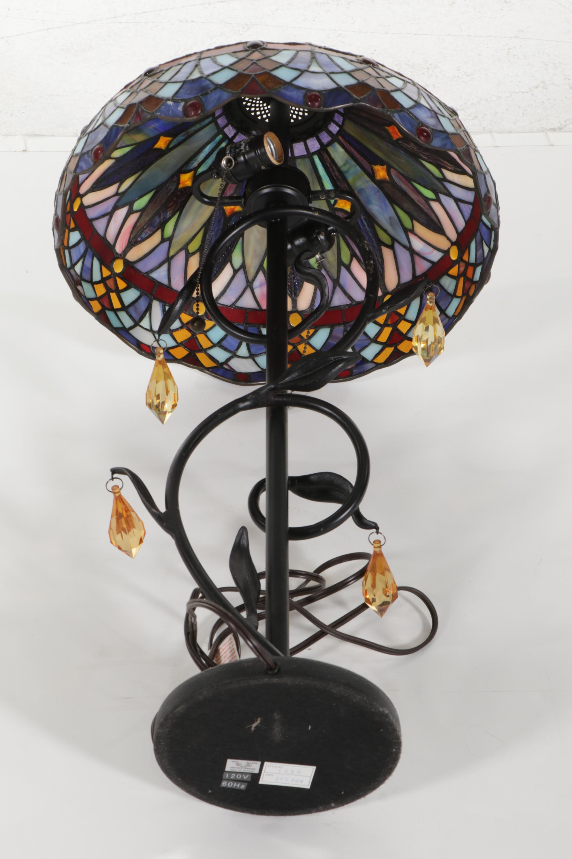 Art Nouveau Style Slag Glass, Acrylic Drops and Metal  Table Lamp, Contemporary