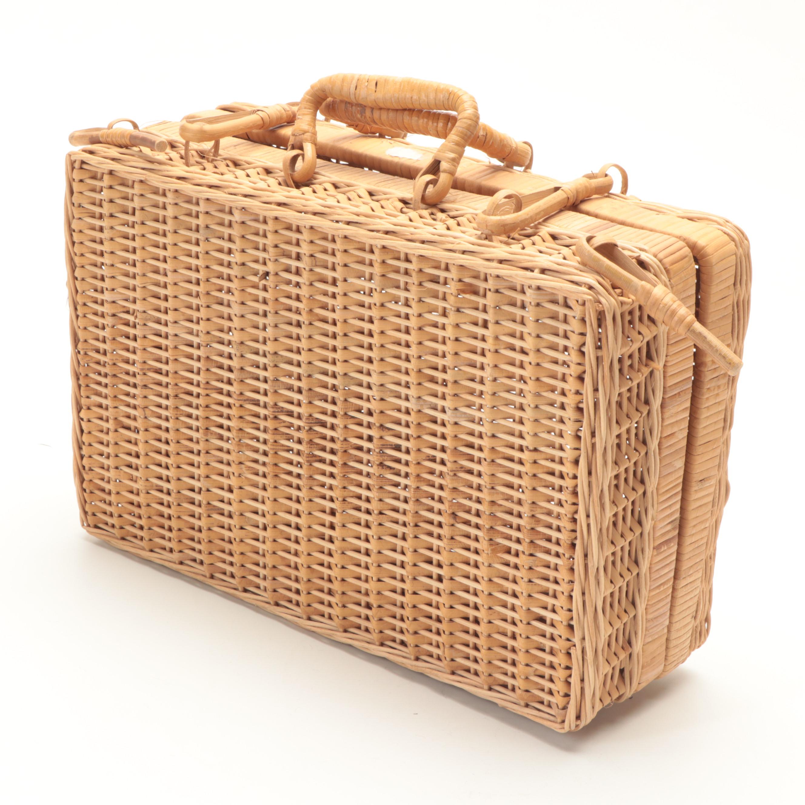 Pyrex Wicker Casserole Dish Holder with Rattan Suitcase and Bamboo Wall Pocket