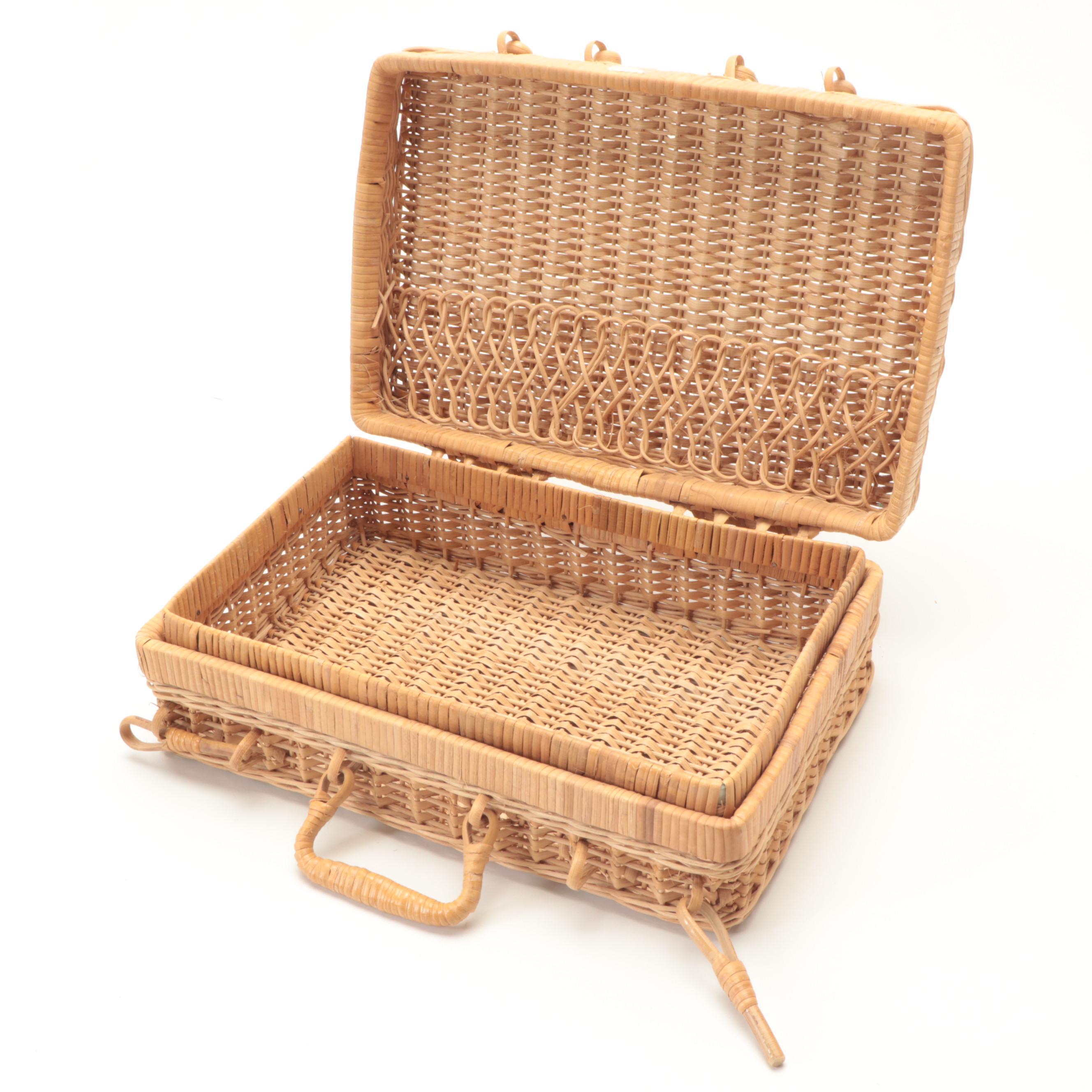 Pyrex Wicker Casserole Dish Holder with Rattan Suitcase and Bamboo Wall Pocket