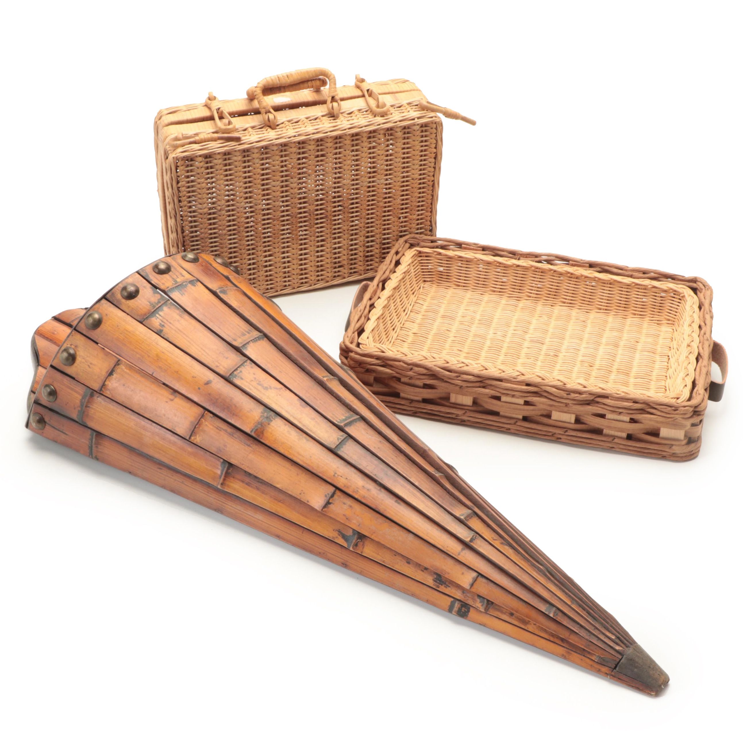 Pyrex Wicker Casserole Dish Holder with Rattan Suitcase and Bamboo Wall Pocket