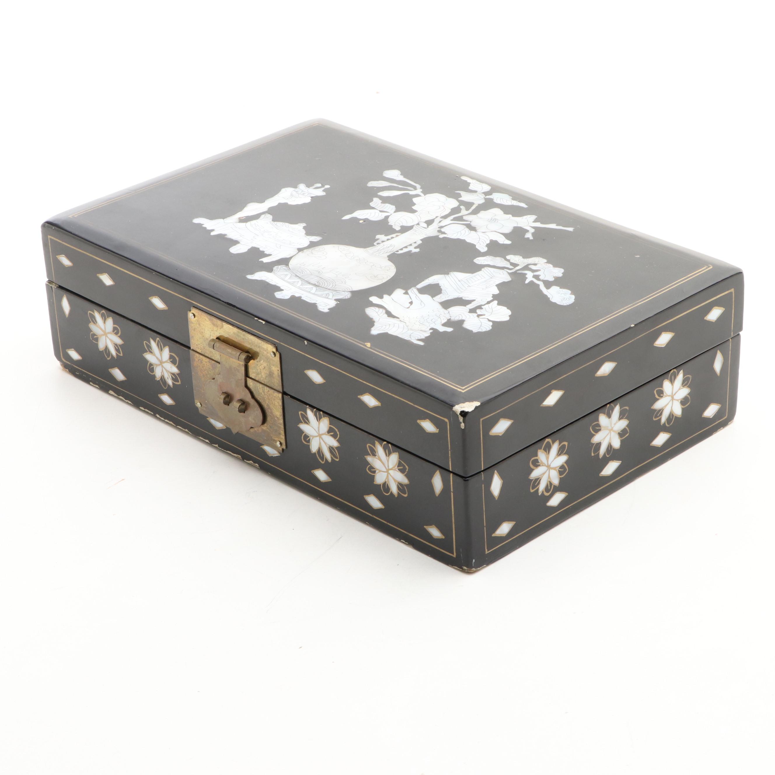 Chinese Lacquerware Mirrored Jewelry Box with Mother-of-Pearl Inlay