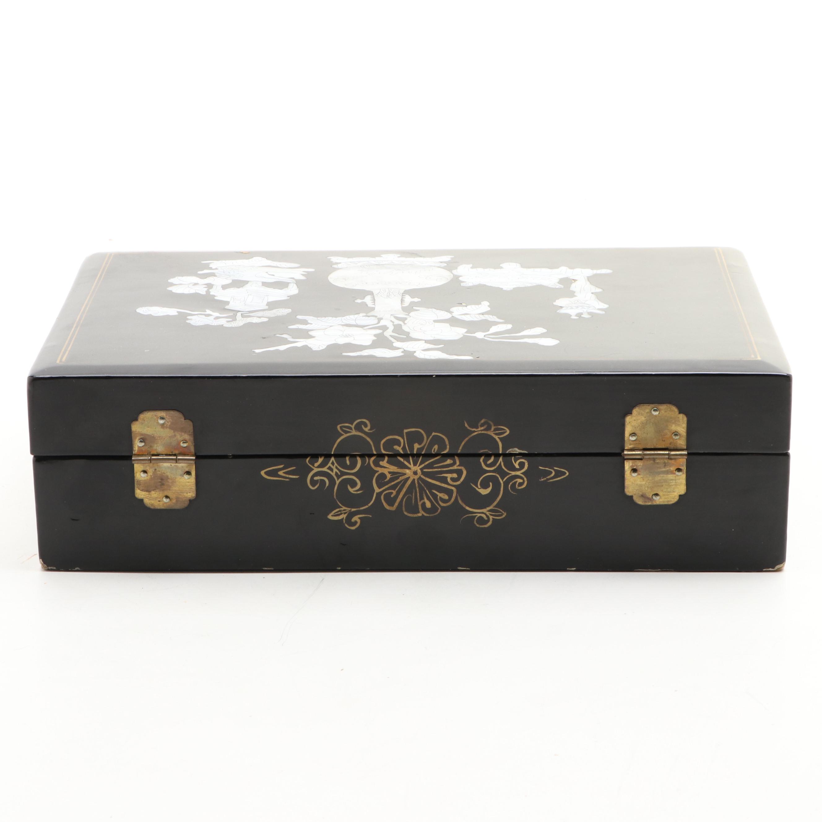 Chinese Lacquerware Mirrored Jewelry Box with Mother-of-Pearl Inlay