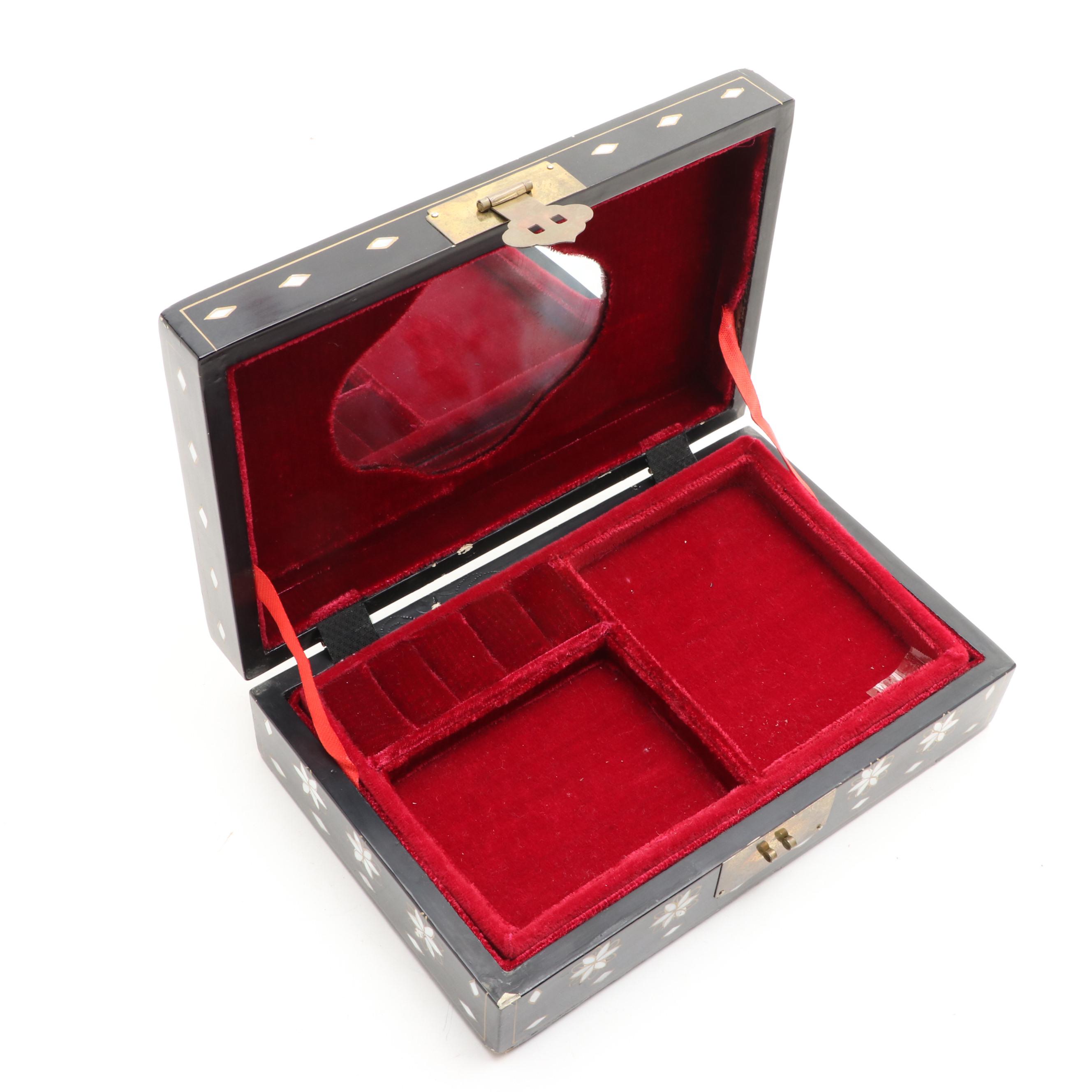Chinese Lacquerware Mirrored Jewelry Box with Mother-of-Pearl Inlay