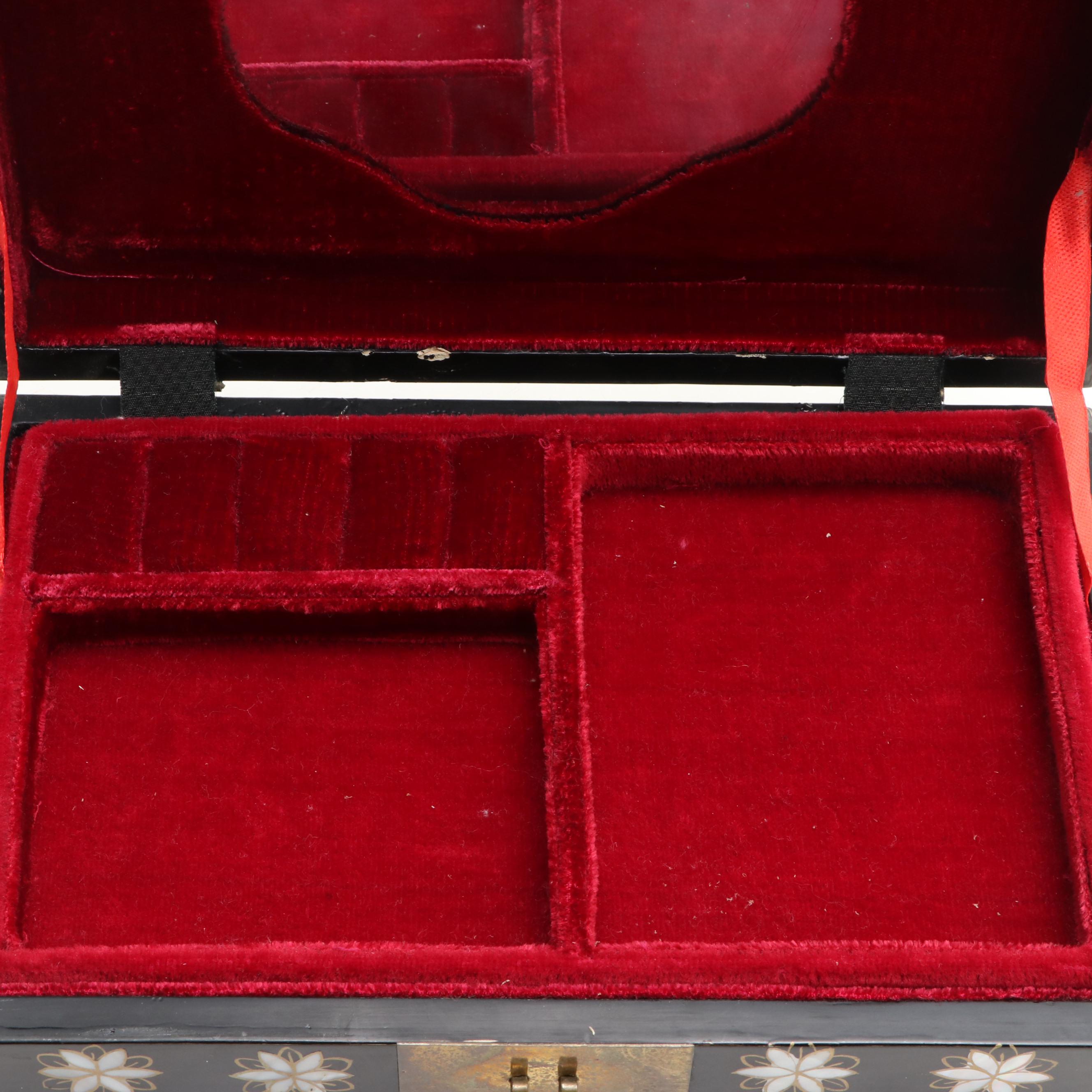 Chinese Lacquerware Mirrored Jewelry Box with Mother-of-Pearl Inlay