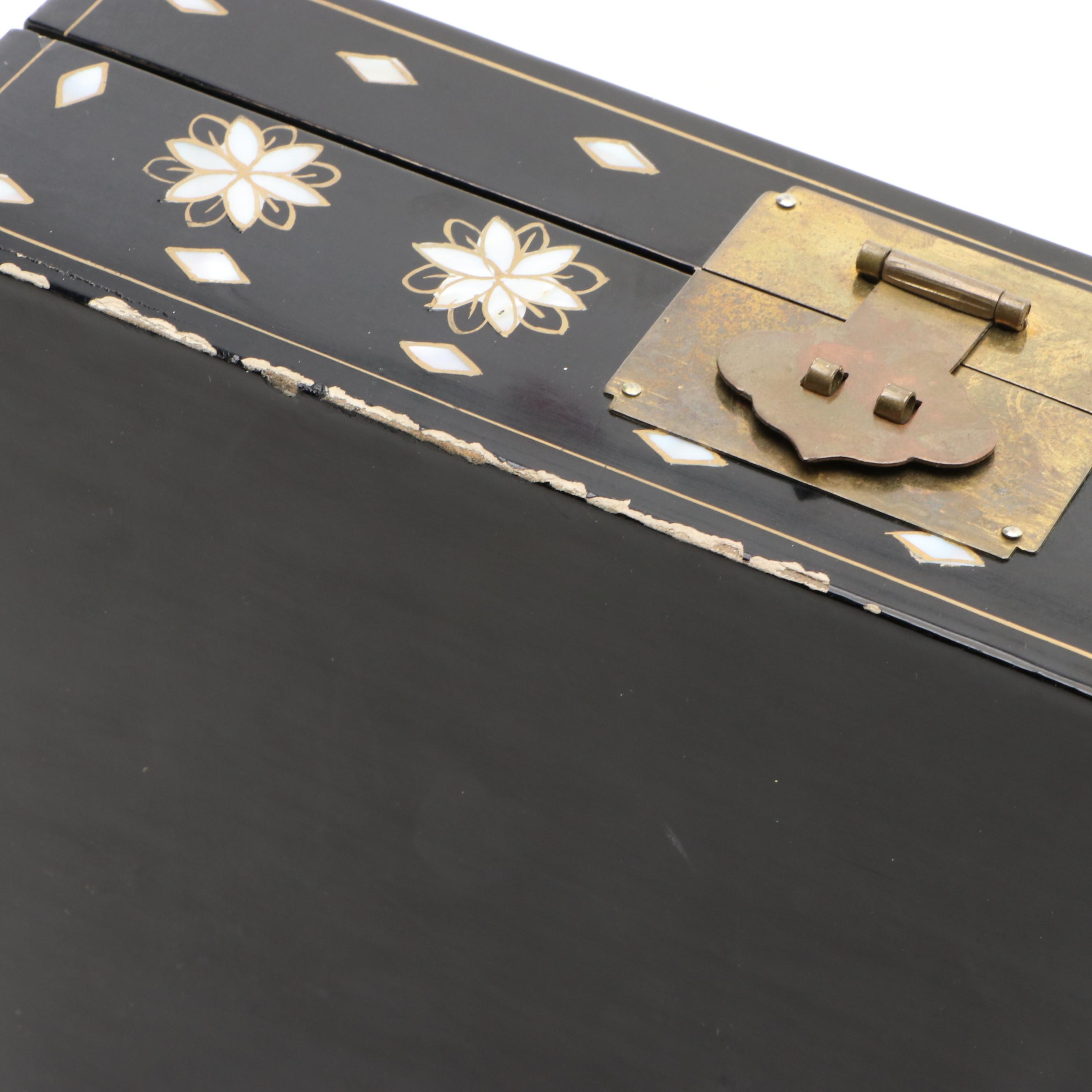 Chinese Lacquerware Mirrored Jewelry Box with Mother-of-Pearl Inlay