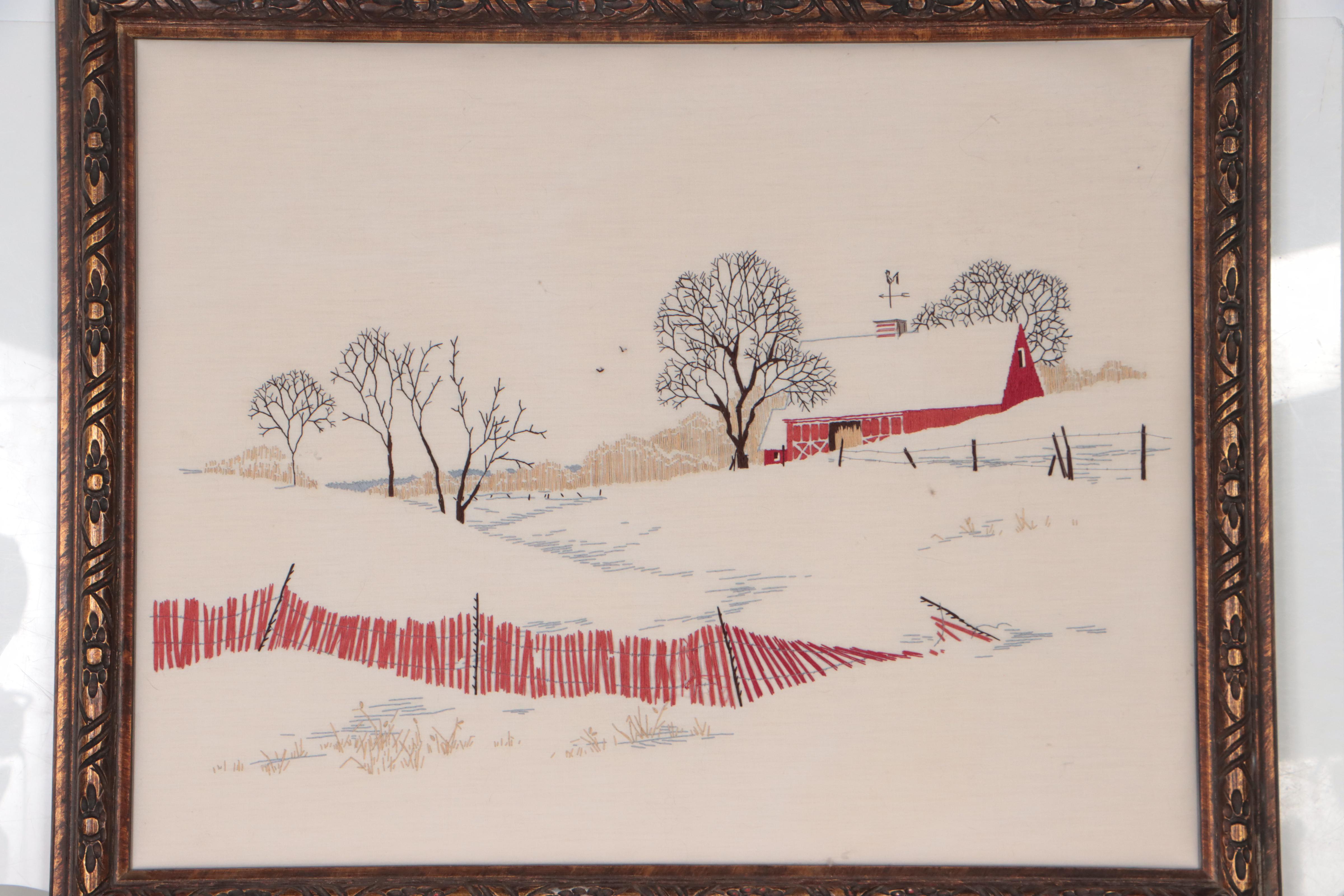 Embroidered Winter Landscape and Red Barn Composition