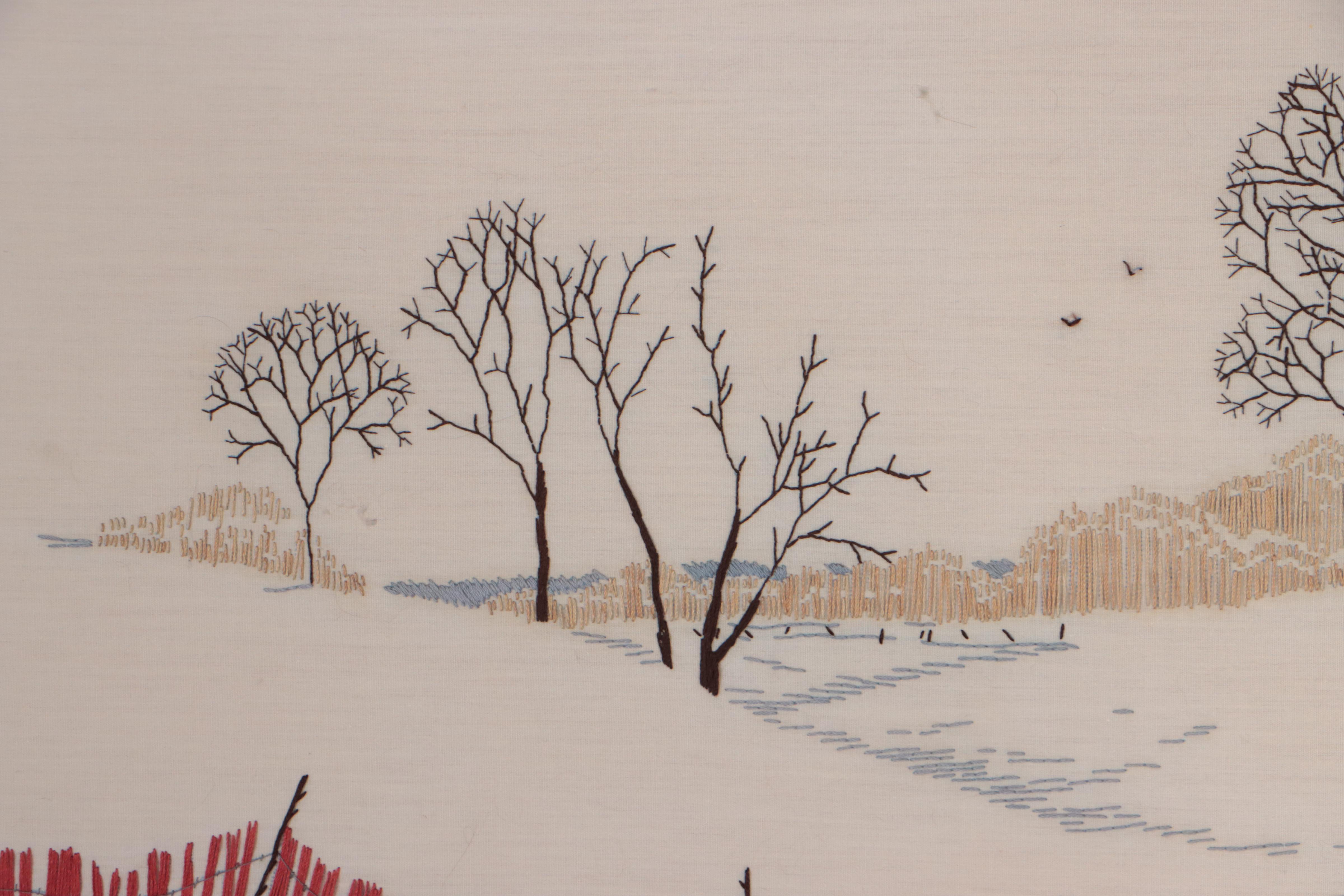 Embroidered Winter Landscape and Red Barn Composition