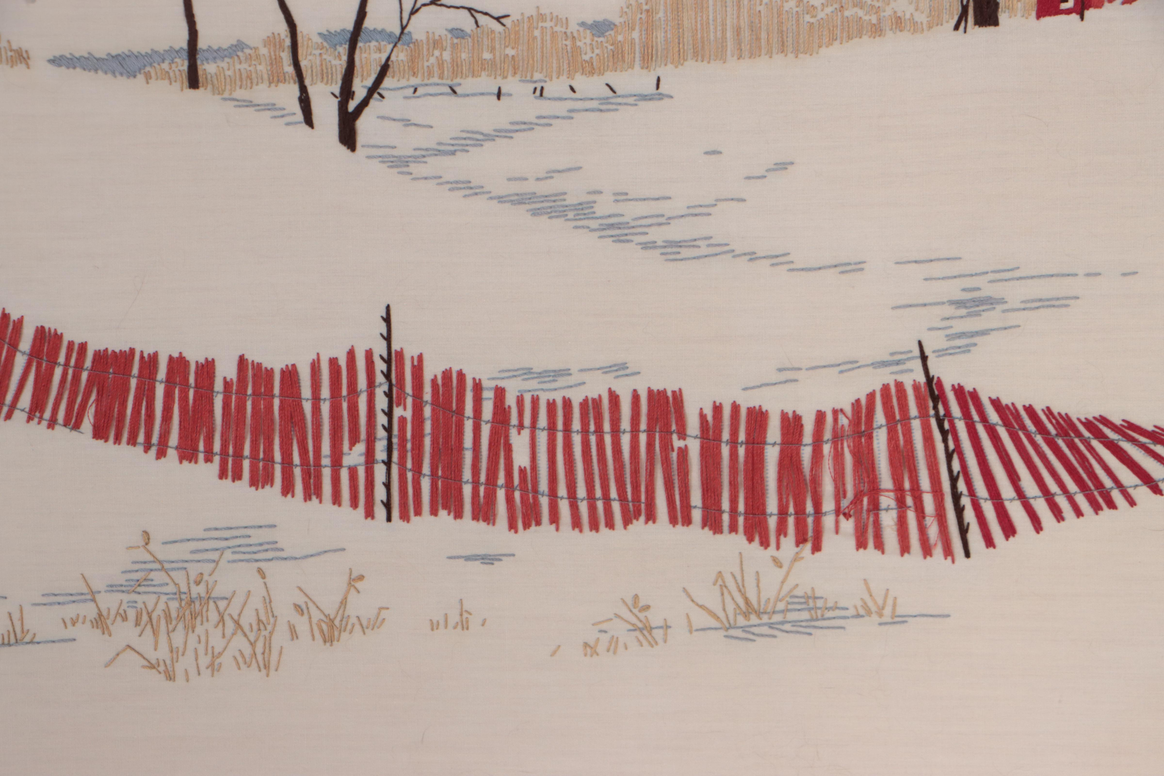 Embroidered Winter Landscape and Red Barn Composition
