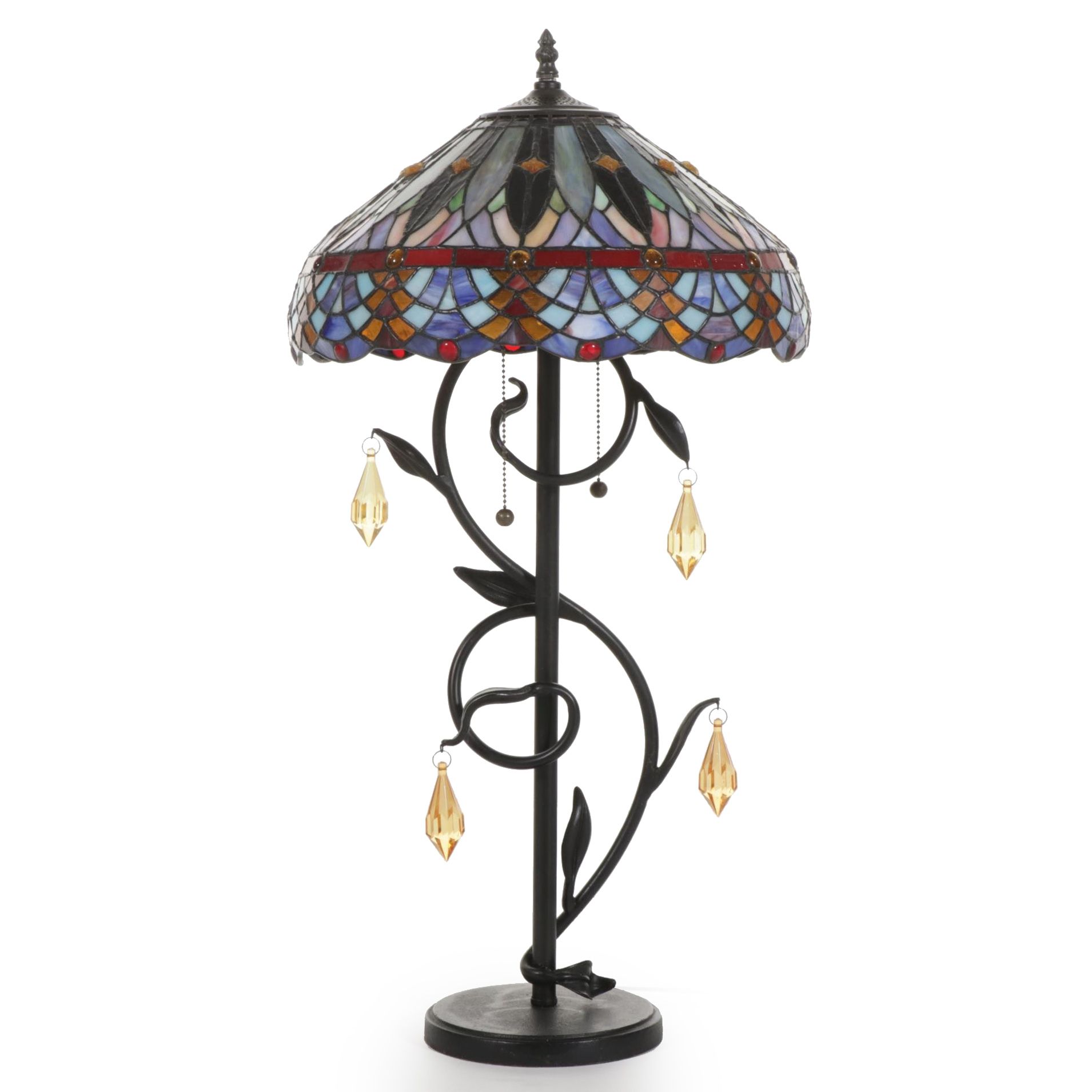 Art Nouveau Style Slag Glass, Acrylic Drops and Metal  Table Lamp, Contemporary