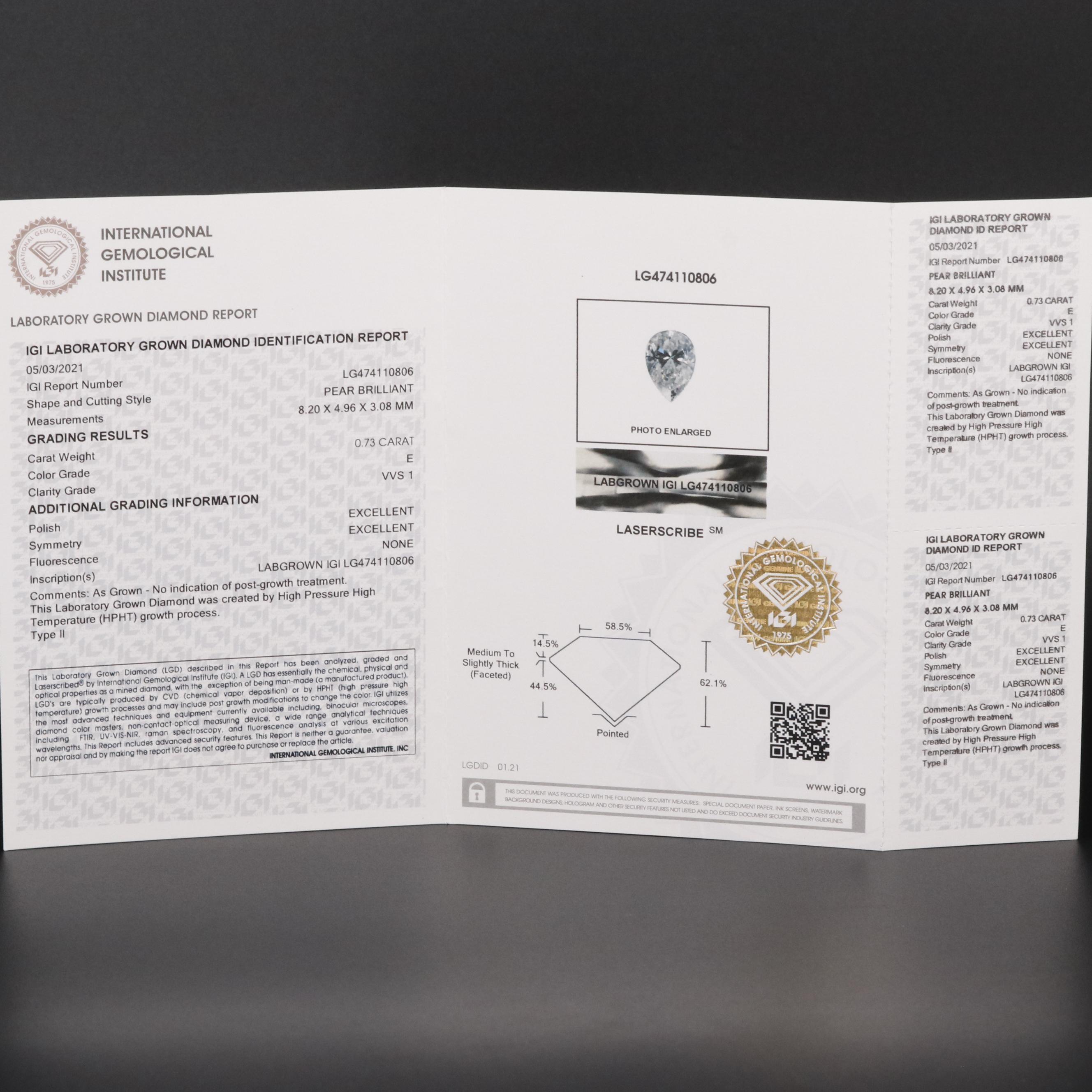 Loose 0.73 CT Lab Grown Diamond with IGI Report