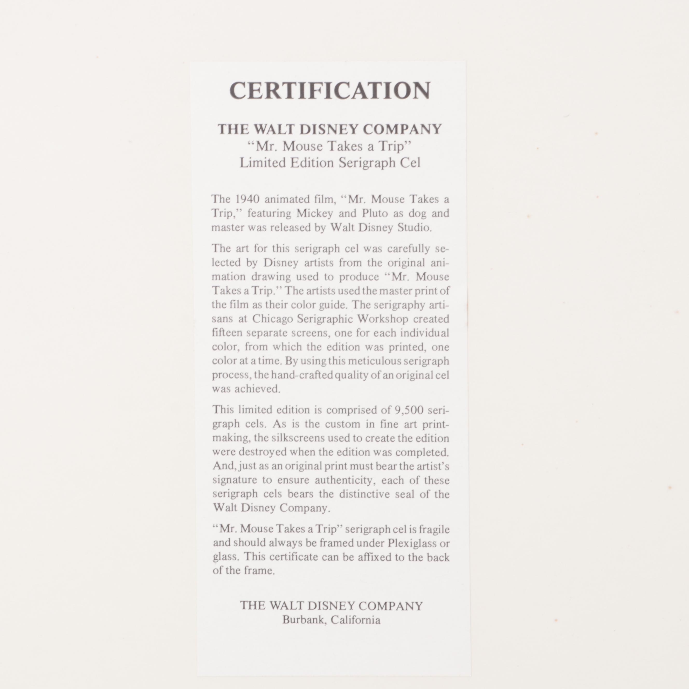 Disney "Mr. Mouse Takes a Trip" Sericel of Mickey Mouse and Pluto, Circa 1990