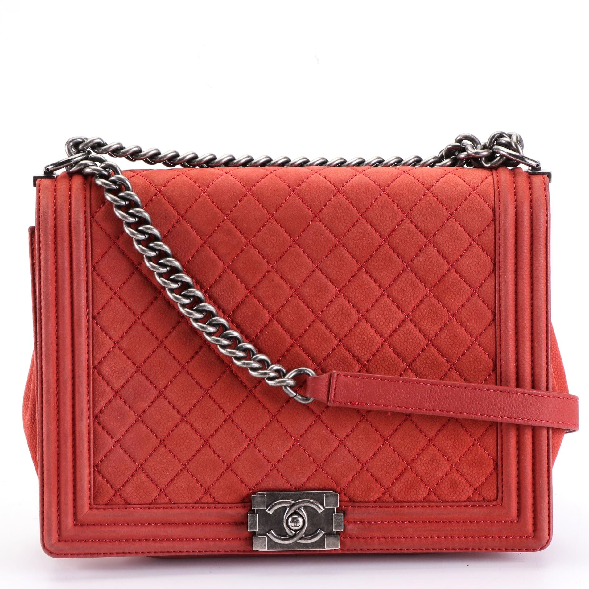 Chanel Large Flap Boy Bag in Red Quilted Caviar Nubuck