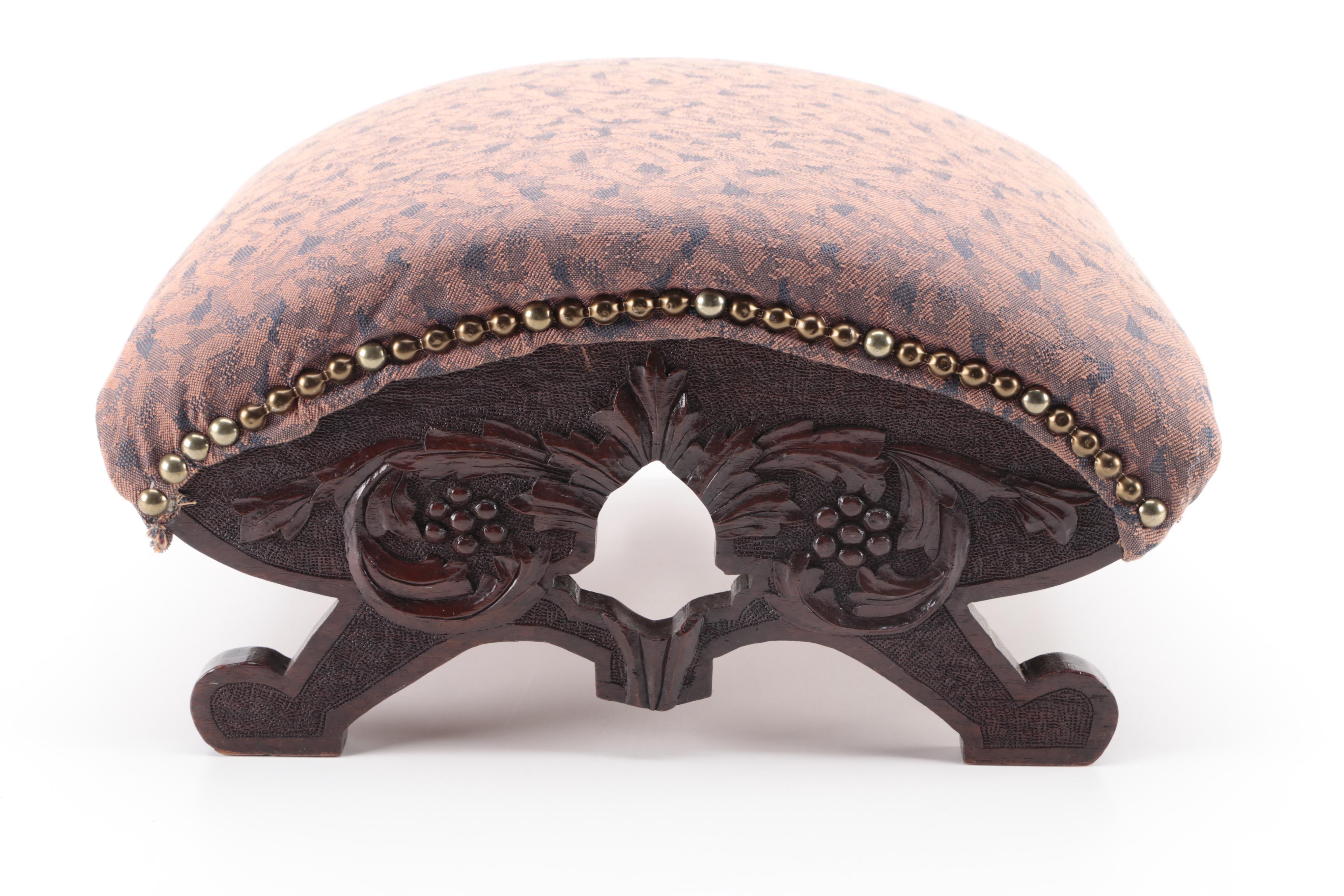 Late Victorian Carved Oak and Brass-Tacked Upholstered Footstool