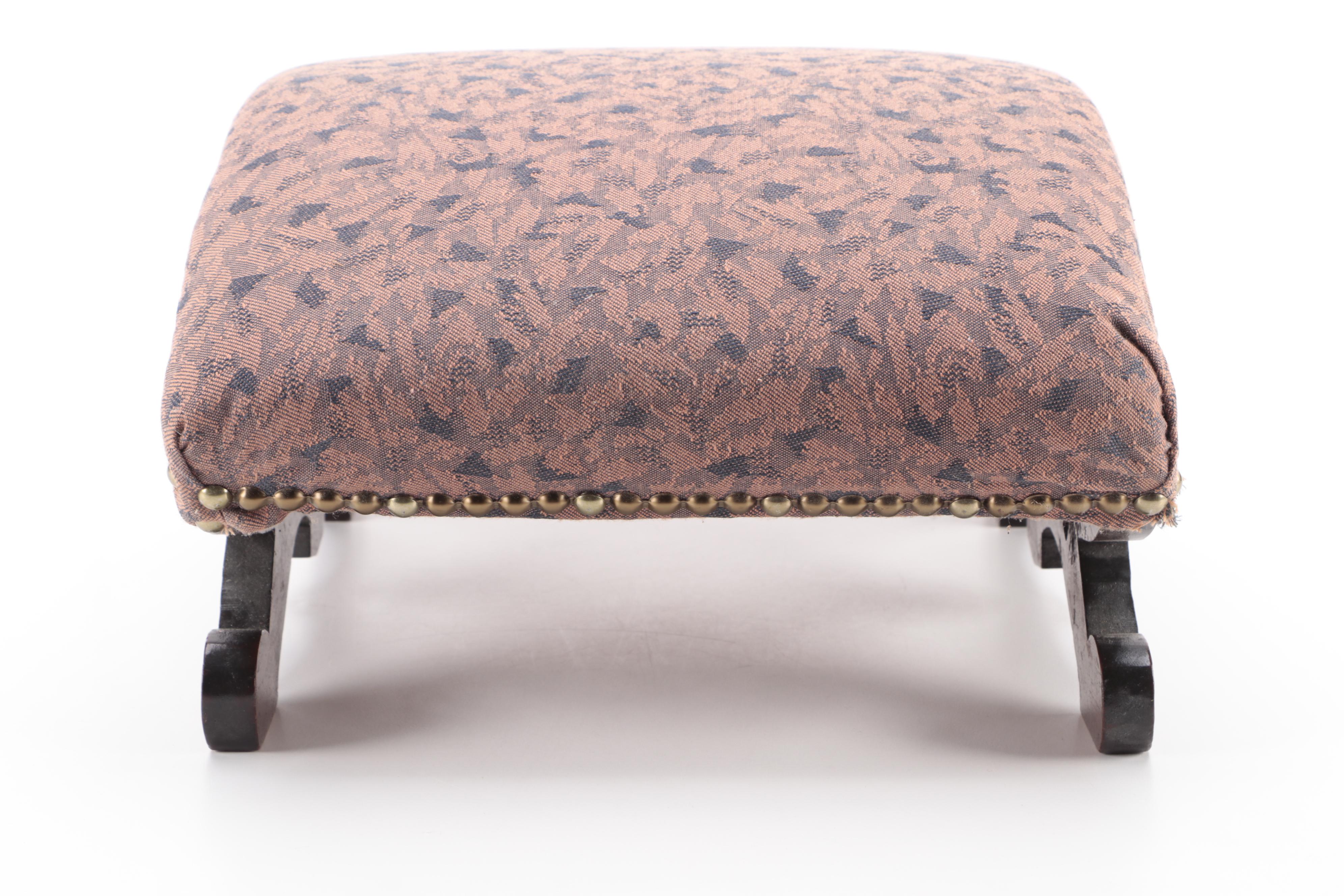 Late Victorian Carved Oak and Brass-Tacked Upholstered Footstool