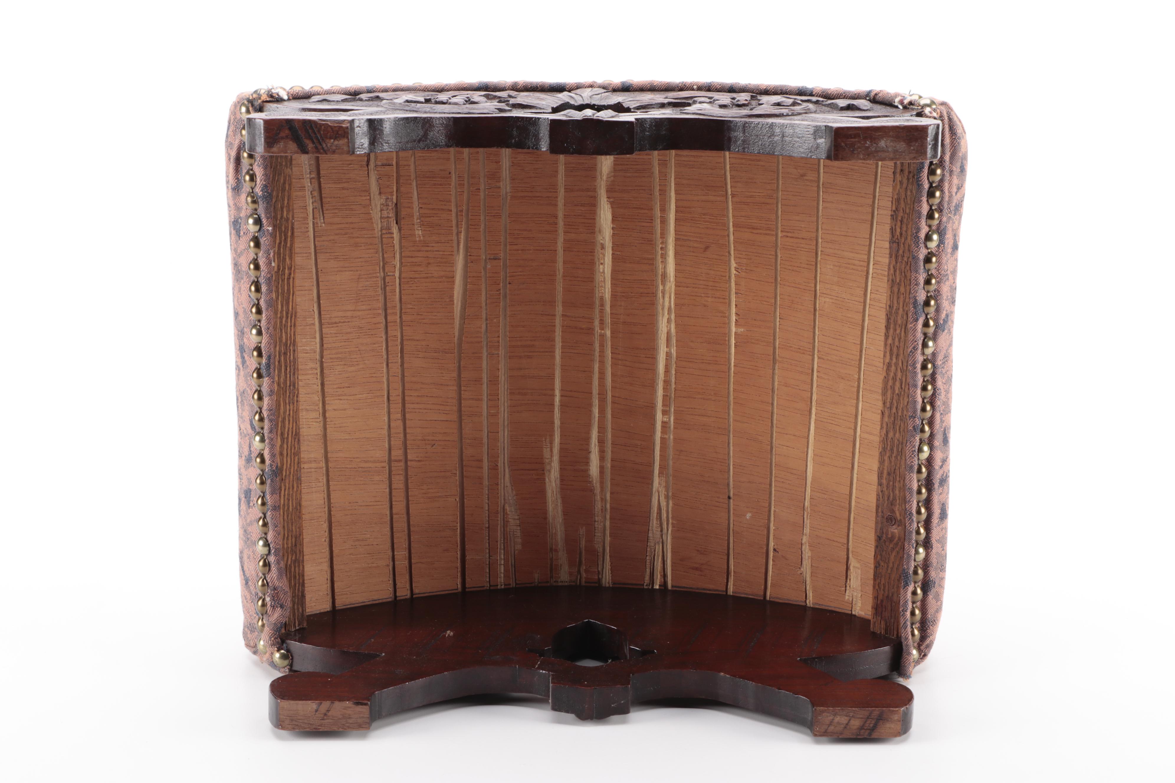 Late Victorian Carved Oak and Brass-Tacked Upholstered Footstool