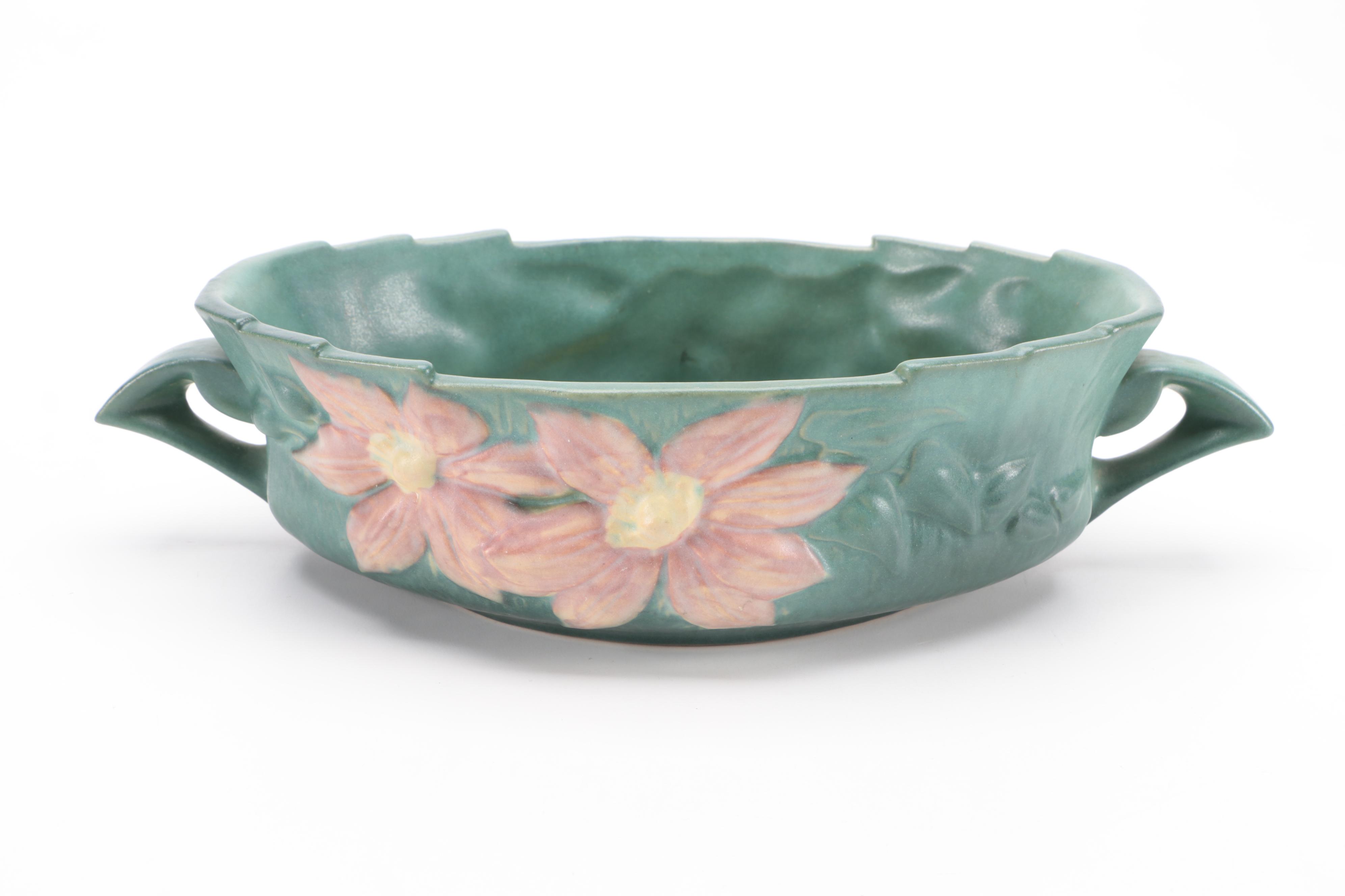 Roseville Pottery Clematis Vase, Candlesticks and Console Bowl