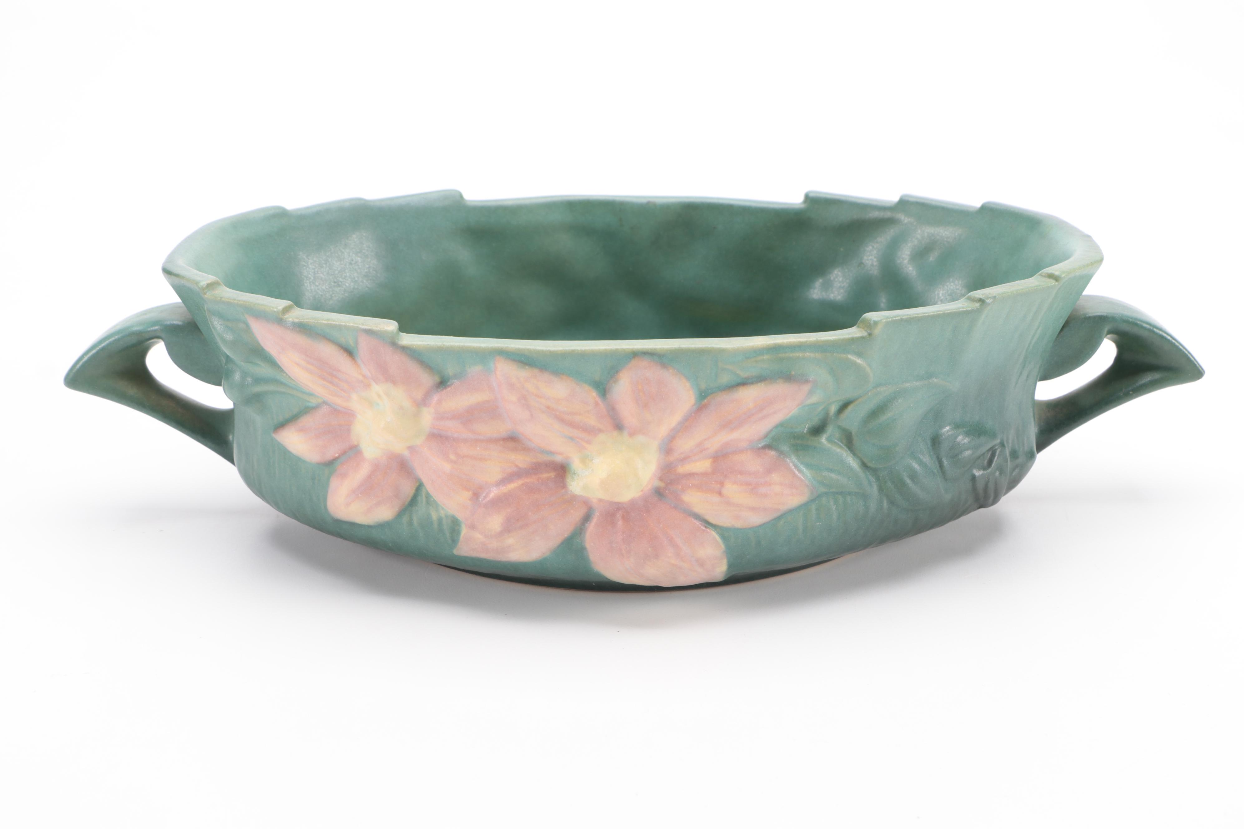 Roseville Pottery Clematis Vase, Candlesticks and Console Bowl