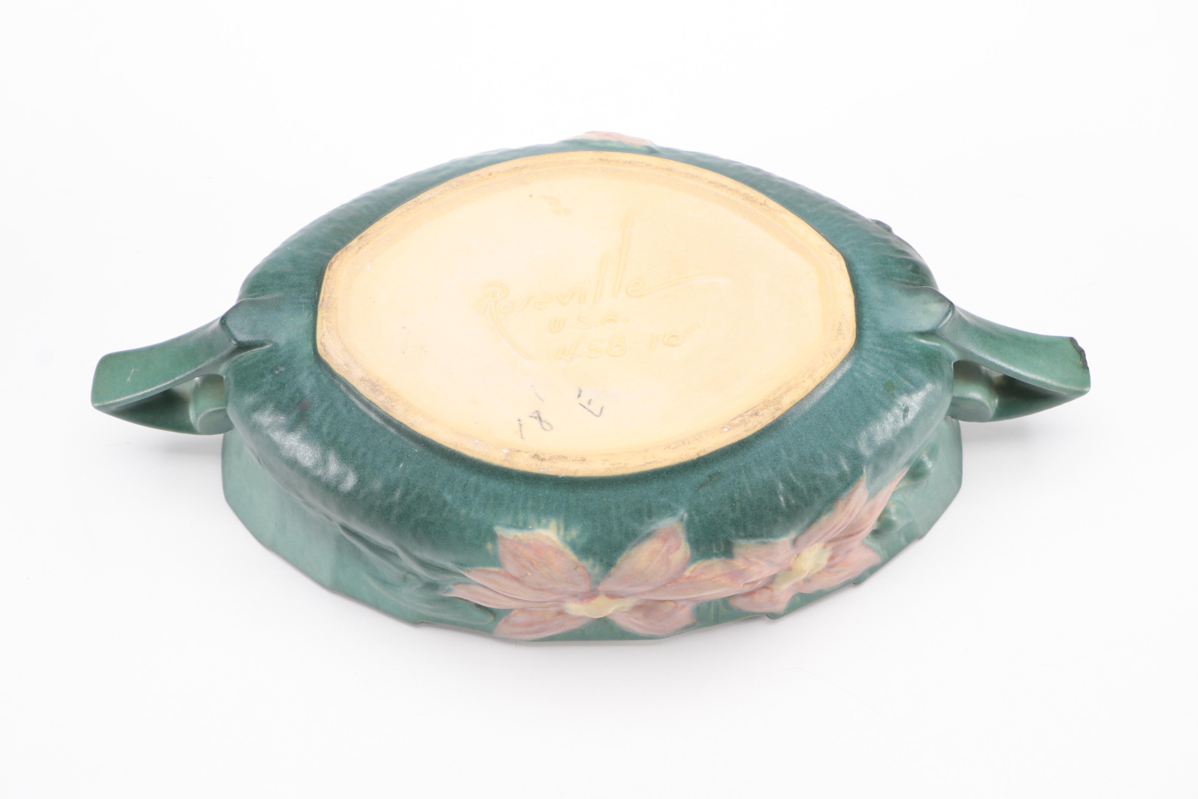 Roseville Pottery Clematis Vase, Candlesticks and Console Bowl