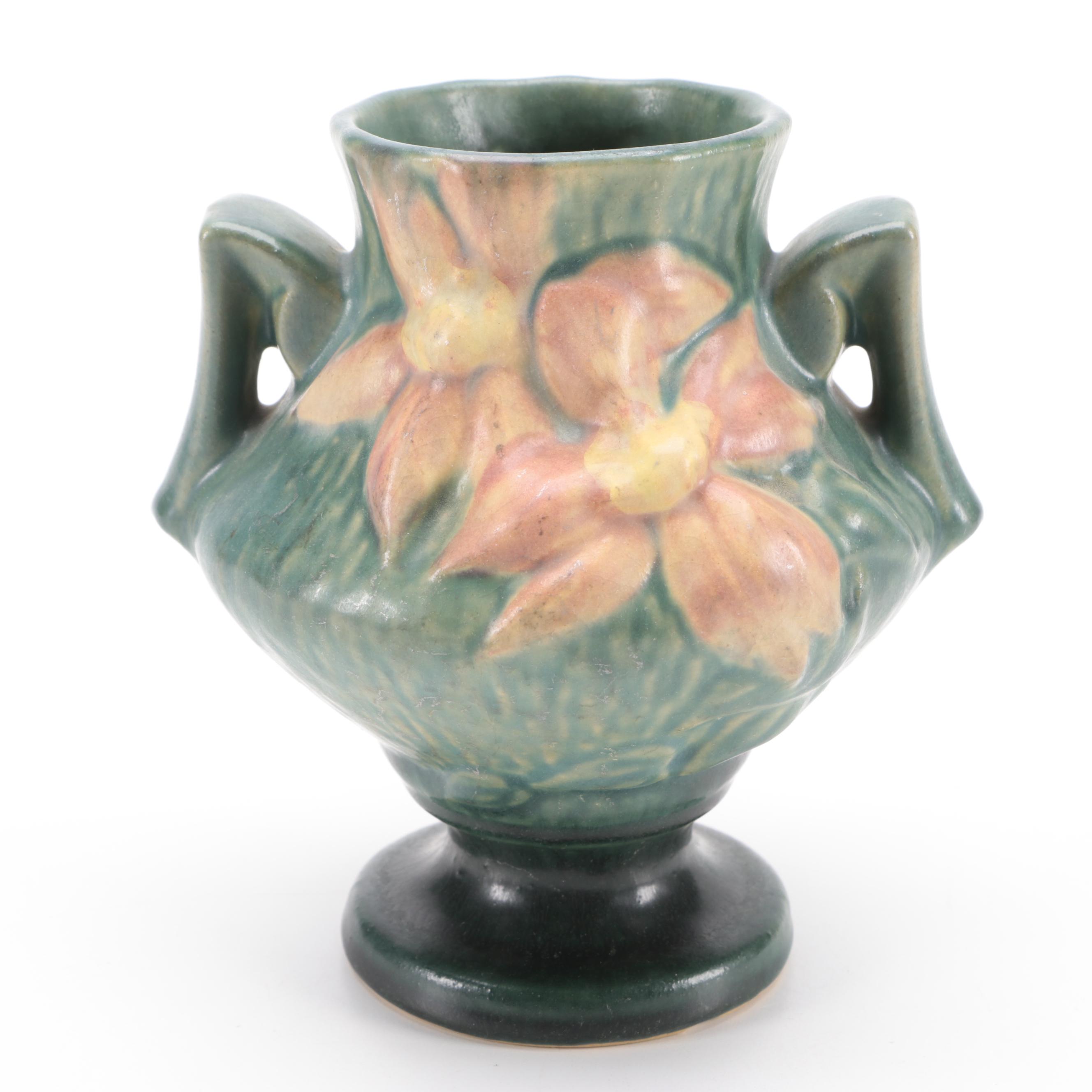 Roseville Pottery Clematis Vase, Candlesticks and Console Bowl