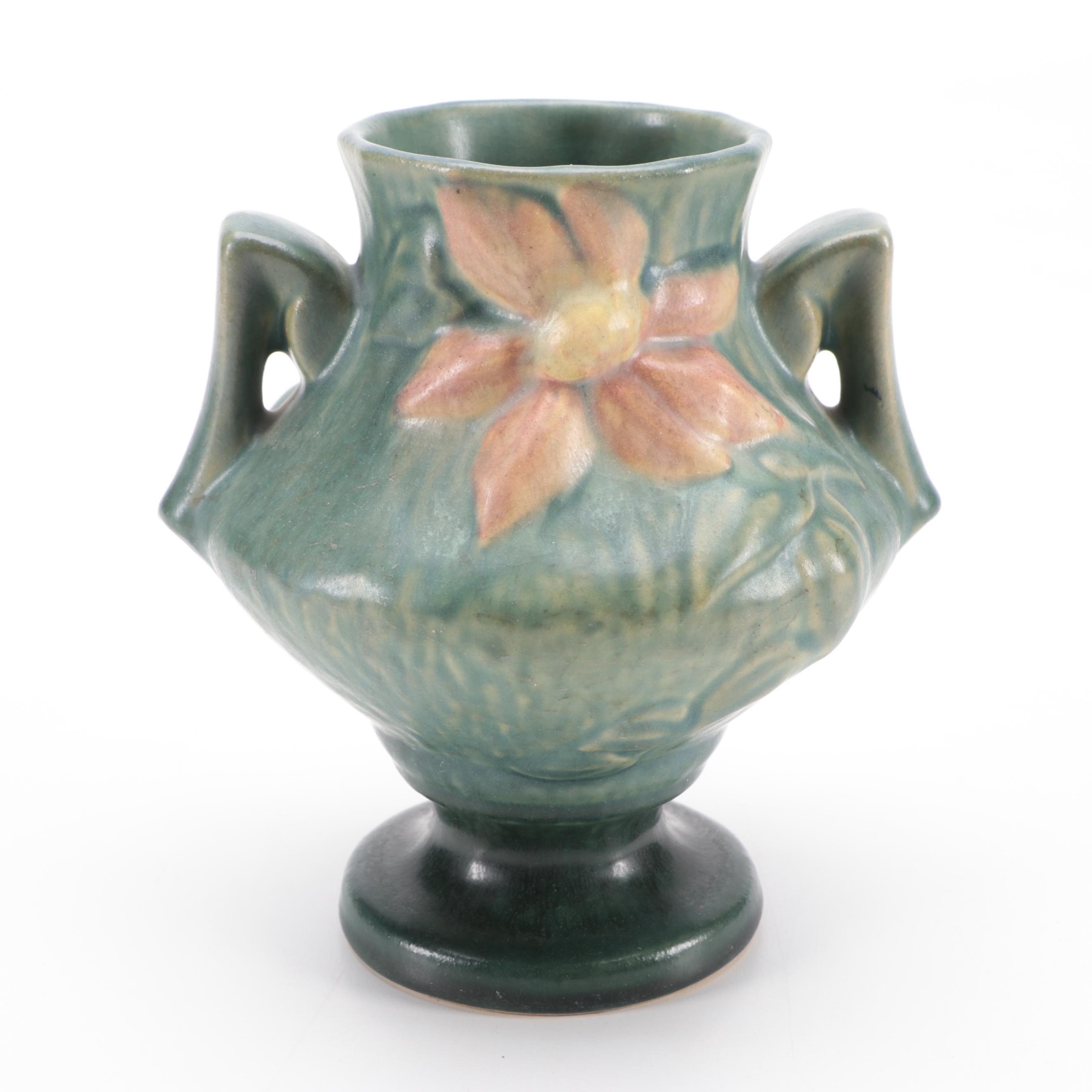 Roseville Pottery Clematis Vase, Candlesticks and Console Bowl