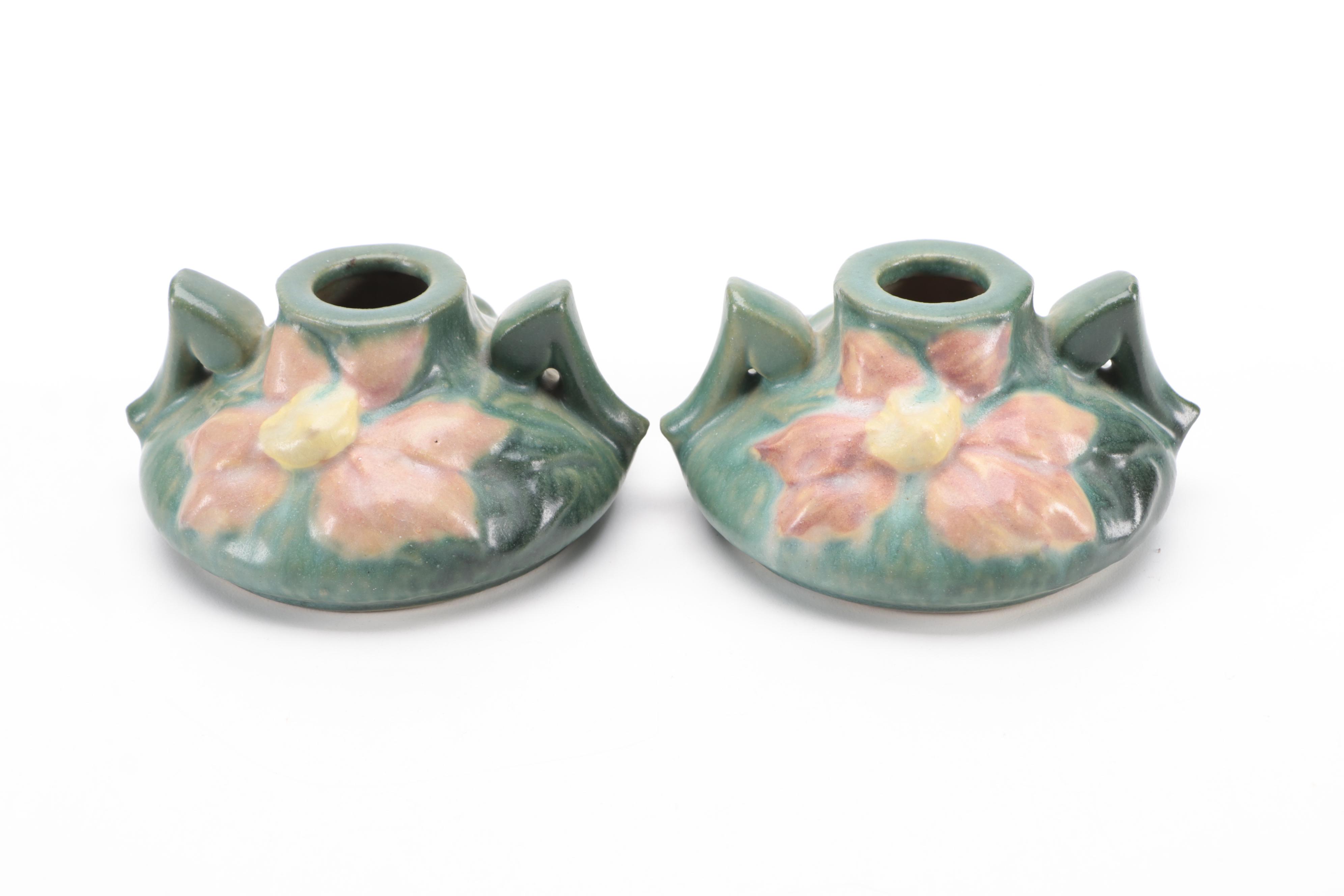 Roseville Pottery Clematis Vase, Candlesticks and Console Bowl