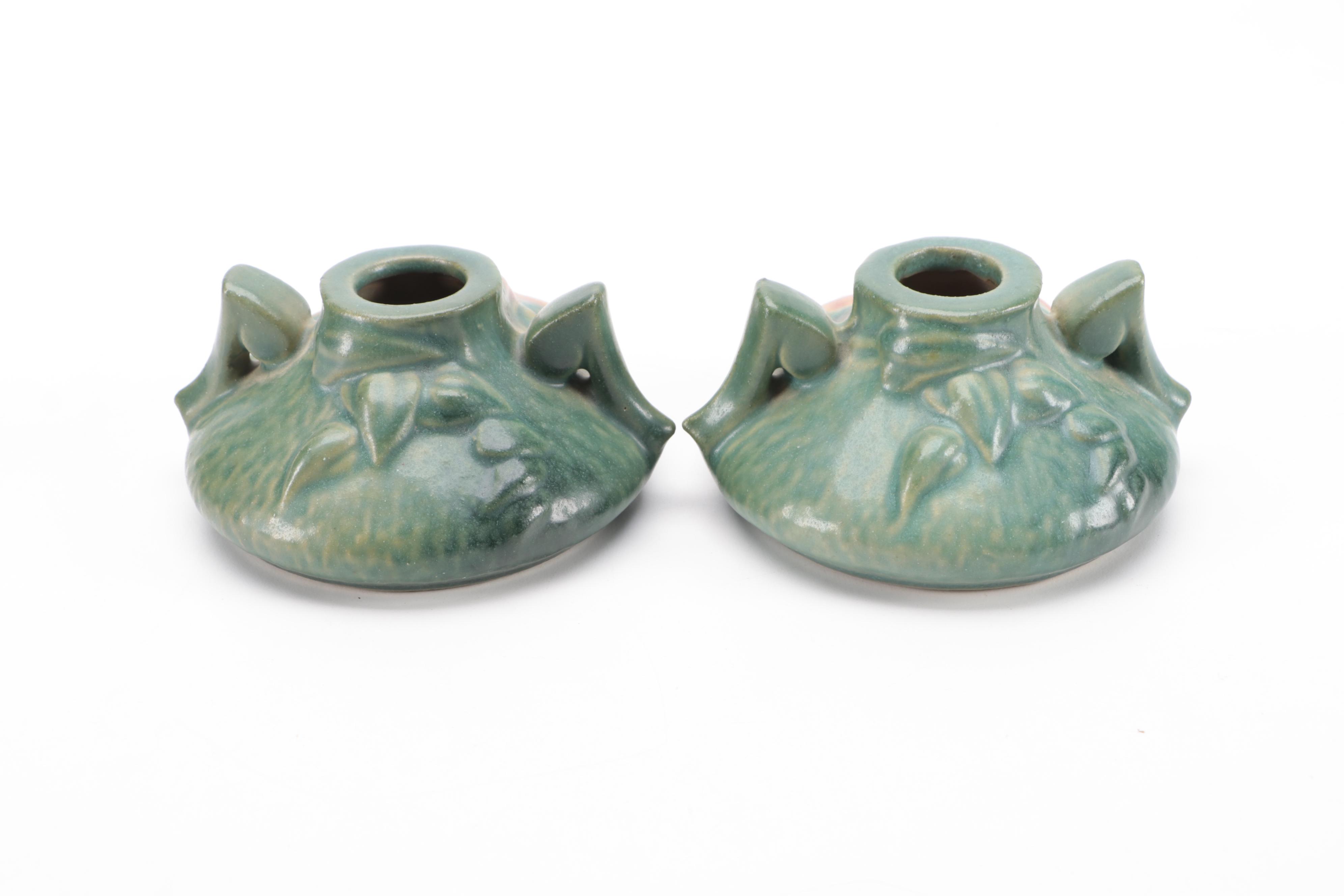 Roseville Pottery Clematis Vase, Candlesticks and Console Bowl