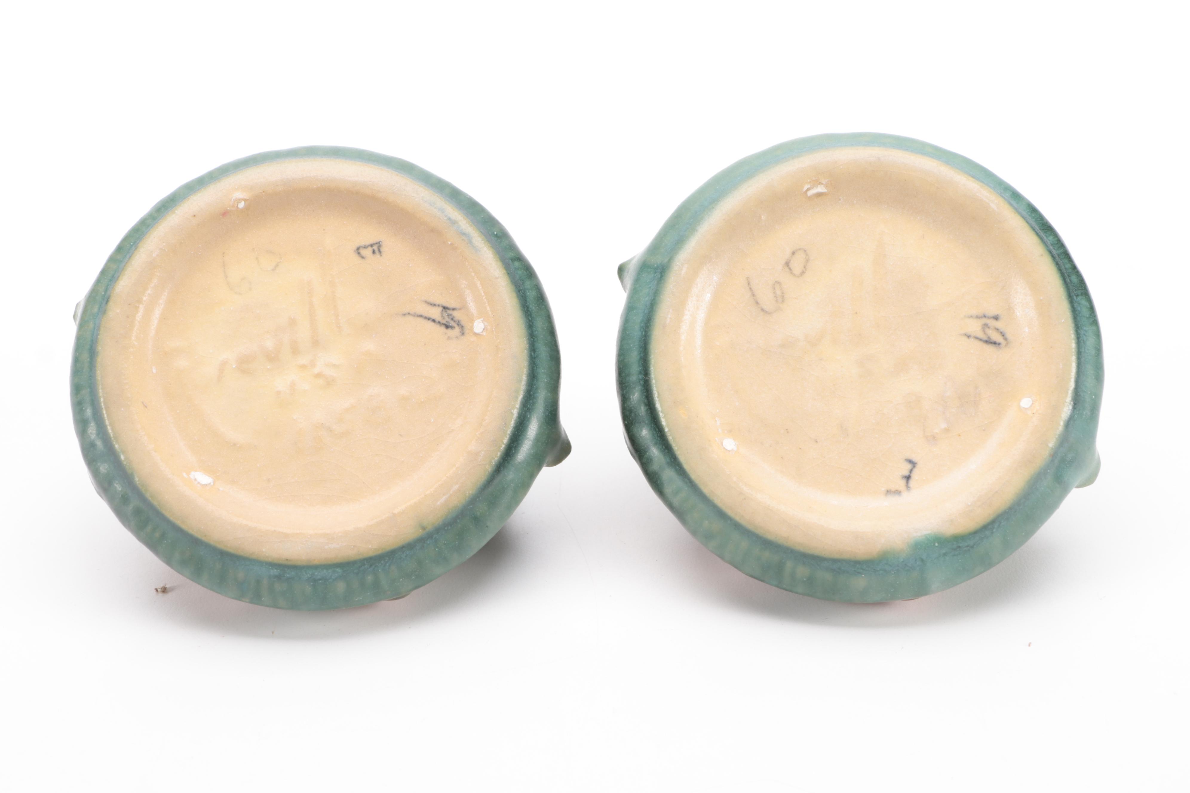 Roseville Pottery Clematis Vase, Candlesticks and Console Bowl