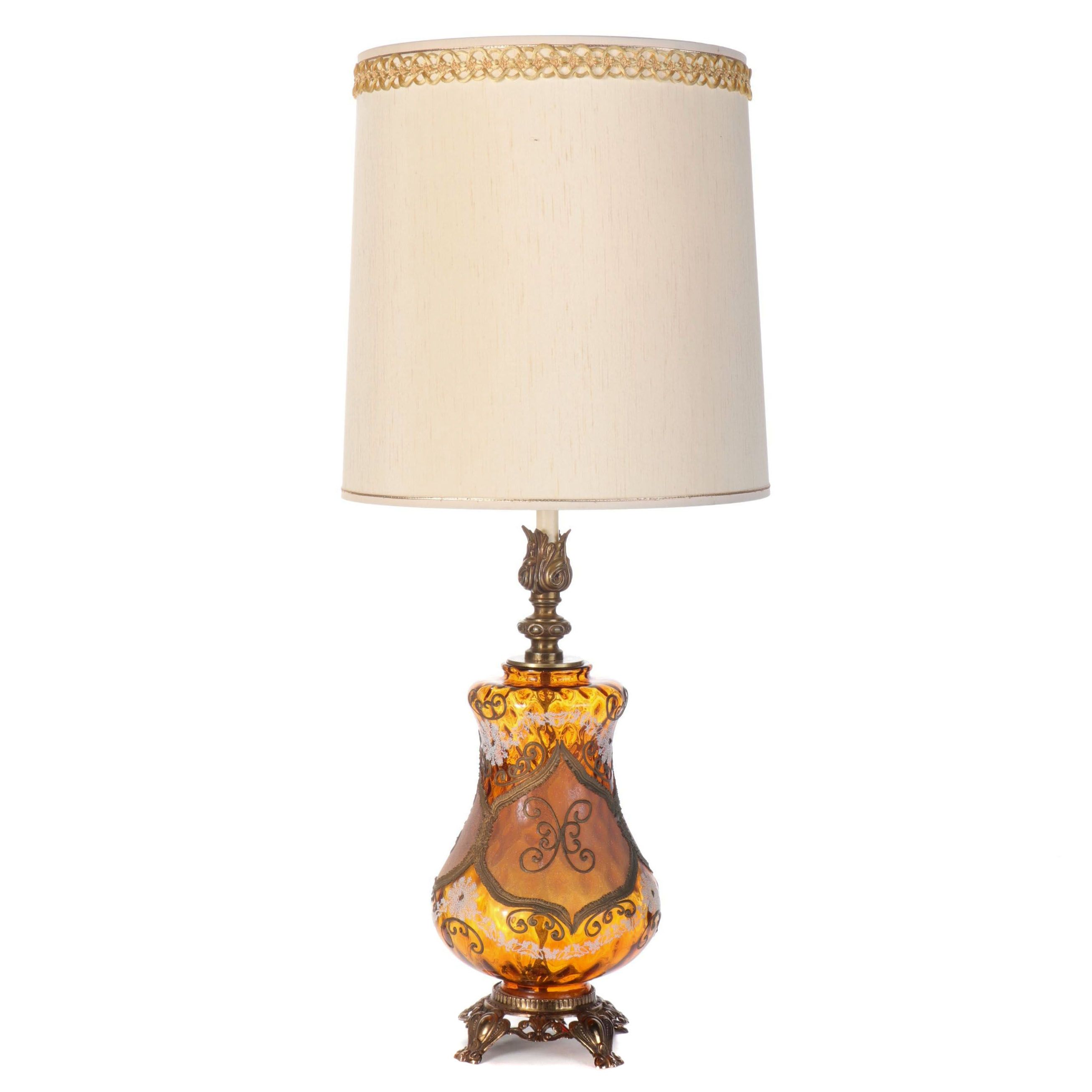 EF & EF Industries Gilt Enameled Amber Glass Table Lamp, Mid-20th Century
