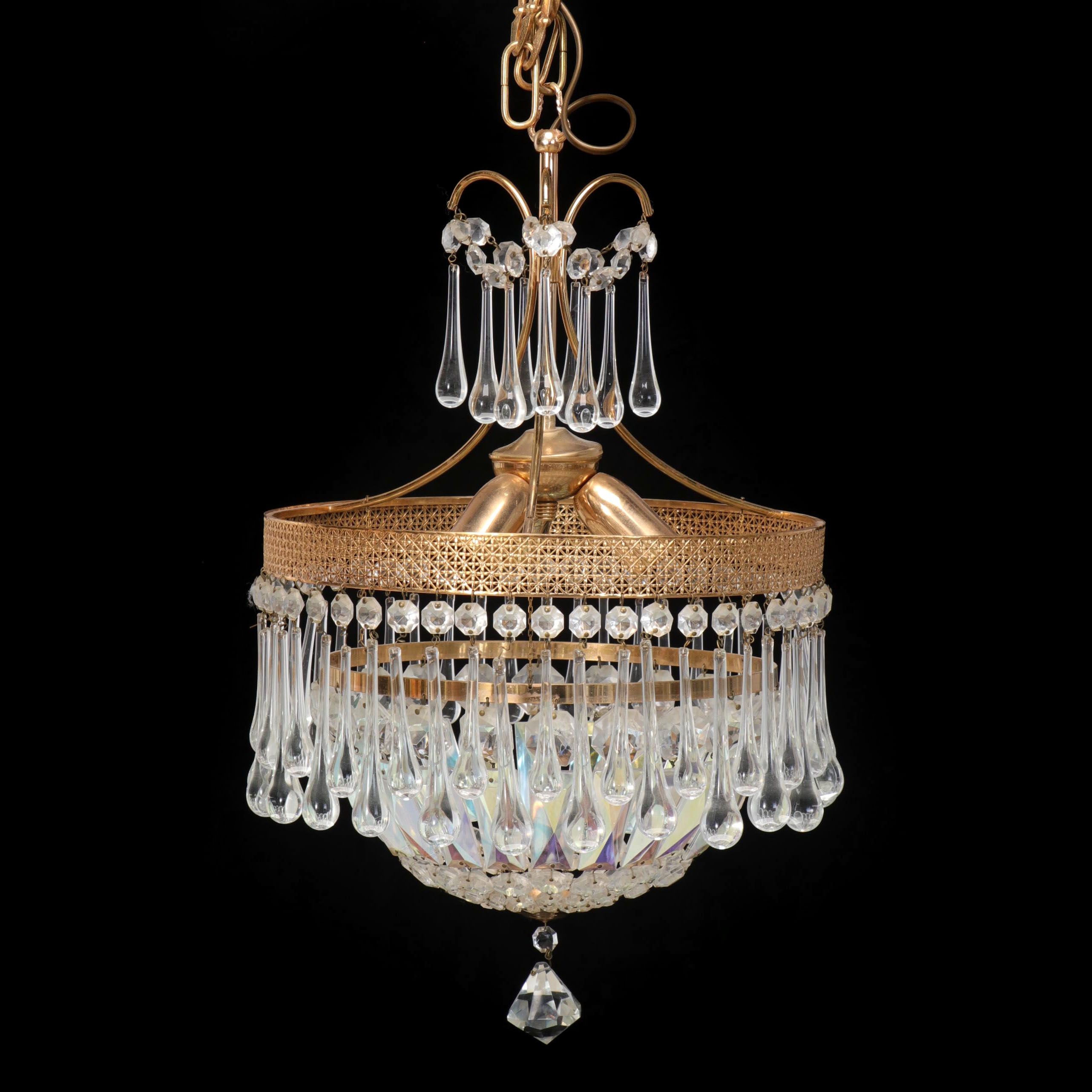 Hollywood Regency Gilt Metal and Crystal Swag Pendant, Mid-20th Century