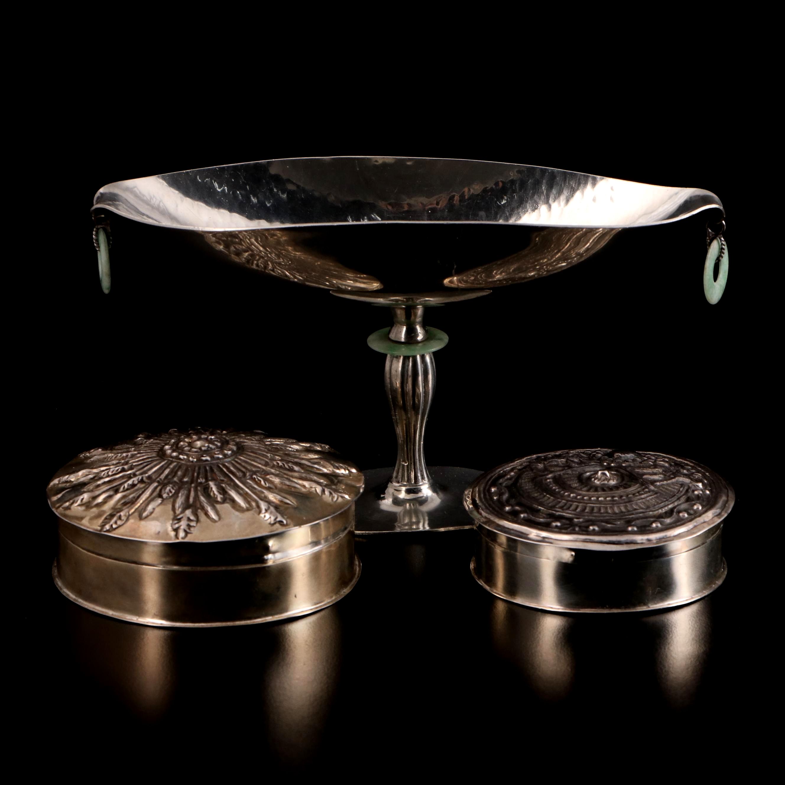 Art Deco Style Metal Compote with Stone Accents and Other Boxes